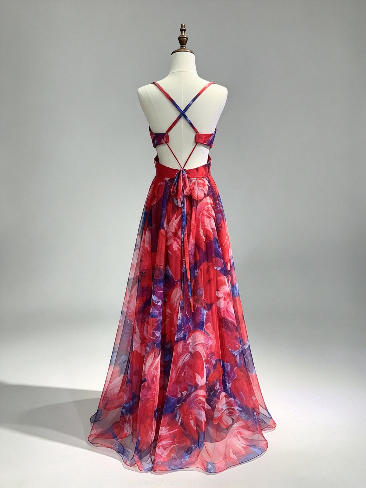 Spaghetti Strap V-Neck Red Purple Floral Chiffon Evening Dress, Flowy Long Gown