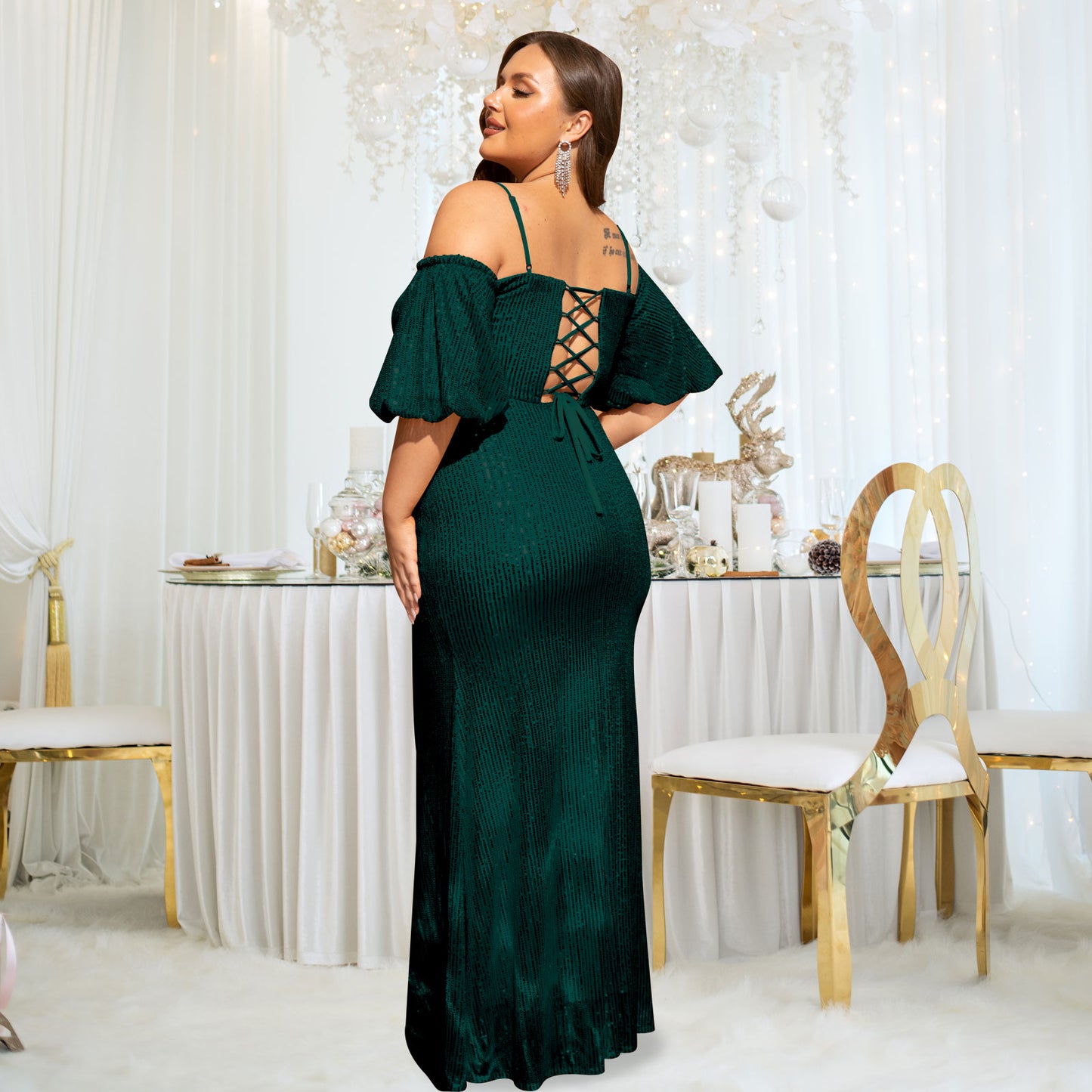 Women's Plus Size Off Shoulder Puff Sleeve Sequin Formal Maxi Evening Dress