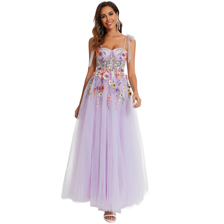 Sexy Sleeveless Spaghetti Strap Floral Embroidered Party Gown Tulle Lavender Prom Dress Chic Evening Dress