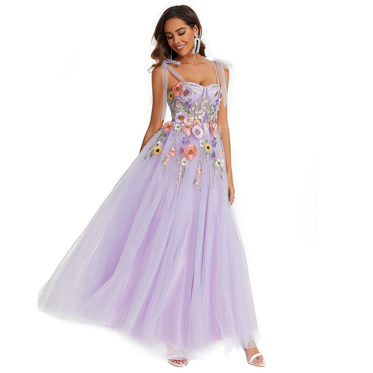 Sexy Sleeveless Spaghetti Strap Floral Embroidered Party Gown Tulle Lavender Prom Dress Chic Evening Dress