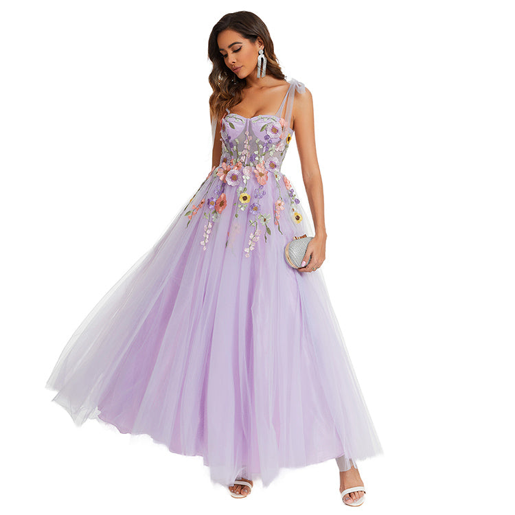 Sexy Sleeveless Spaghetti Strap Floral Embroidered Party Gown Tulle Lavender Prom Dress Chic Evening Dress