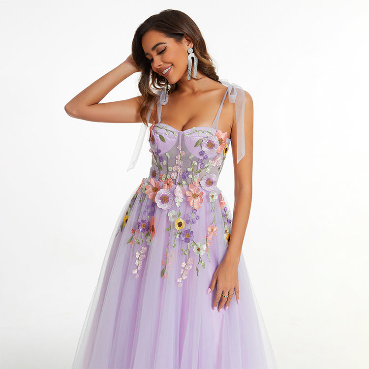 Sexy Sleeveless Spaghetti Strap Floral Embroidered Party Gown Tulle Lavender Prom Dress Chic Evening Dress