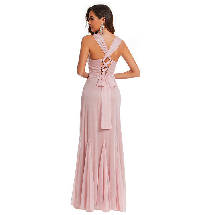 Sexy Deep V Neck Sleeveless Pink Maxi Dresses Elegant Women Prom Dress with Lace Up