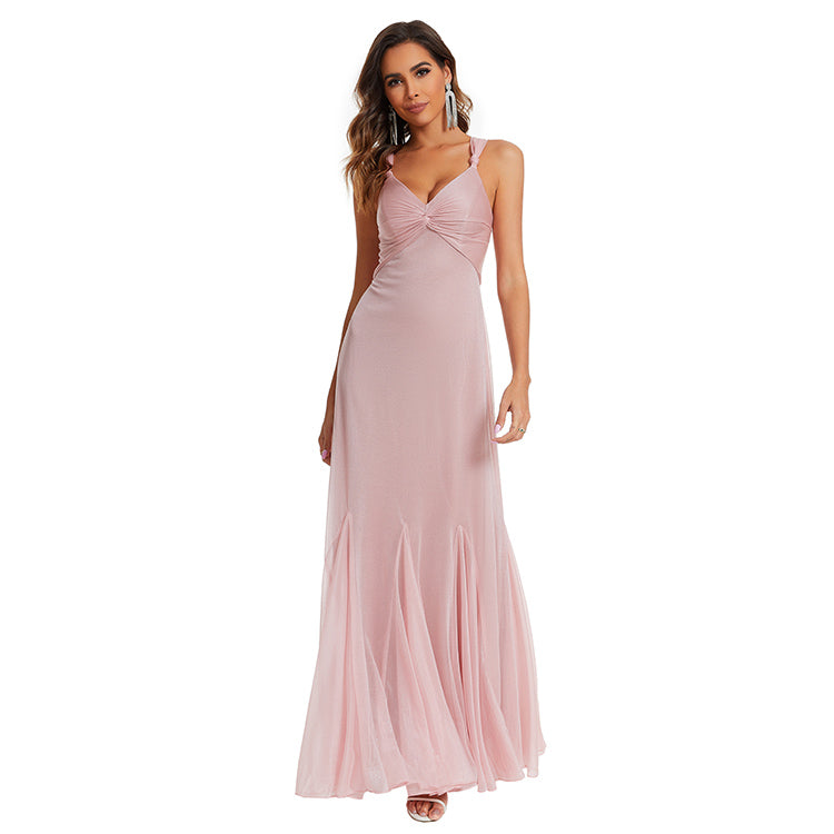 Sexy Deep V Neck Sleeveless Pink Maxi Dresses Elegant Women Prom Dress with Lace Up