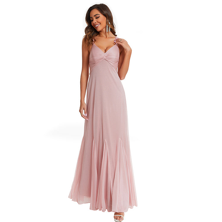 Sexy Deep V Neck Sleeveless Pink Maxi Dresses Elegant Women Prom Dress with Lace Up