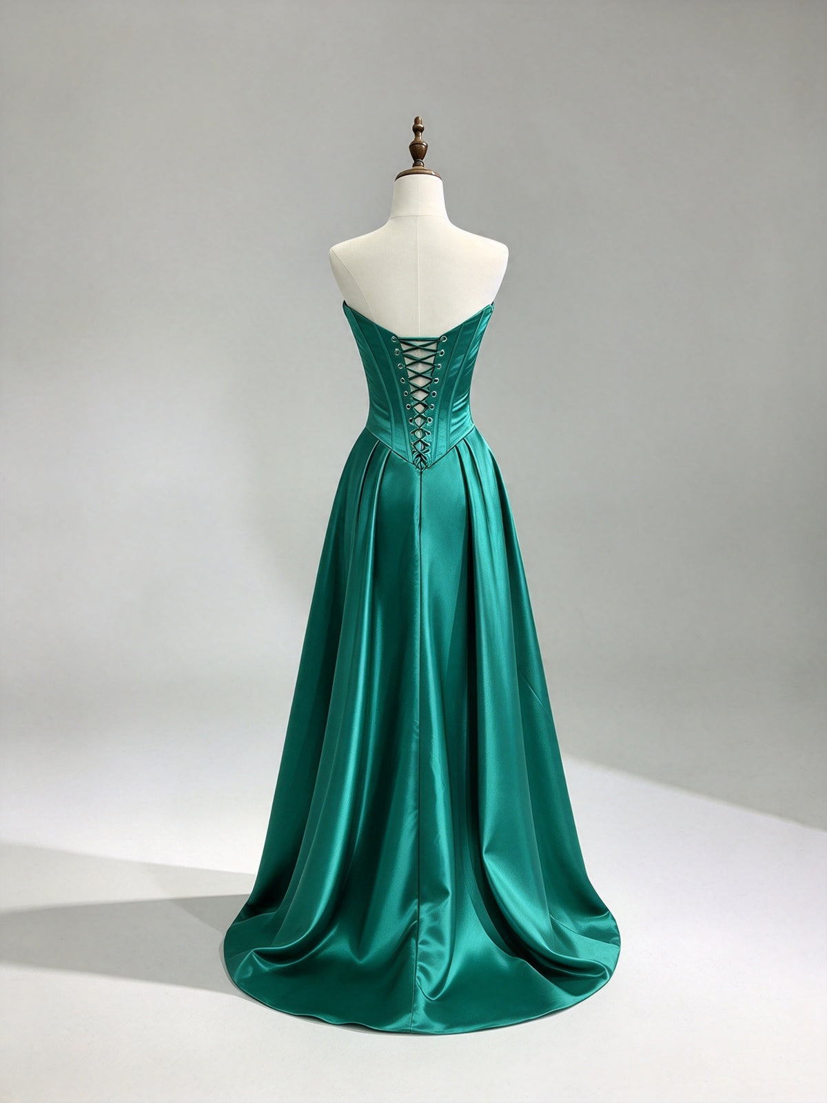 Strapless Emerald Green Satin Corset Evening Dress, Sparkle Detail Formal Gown
