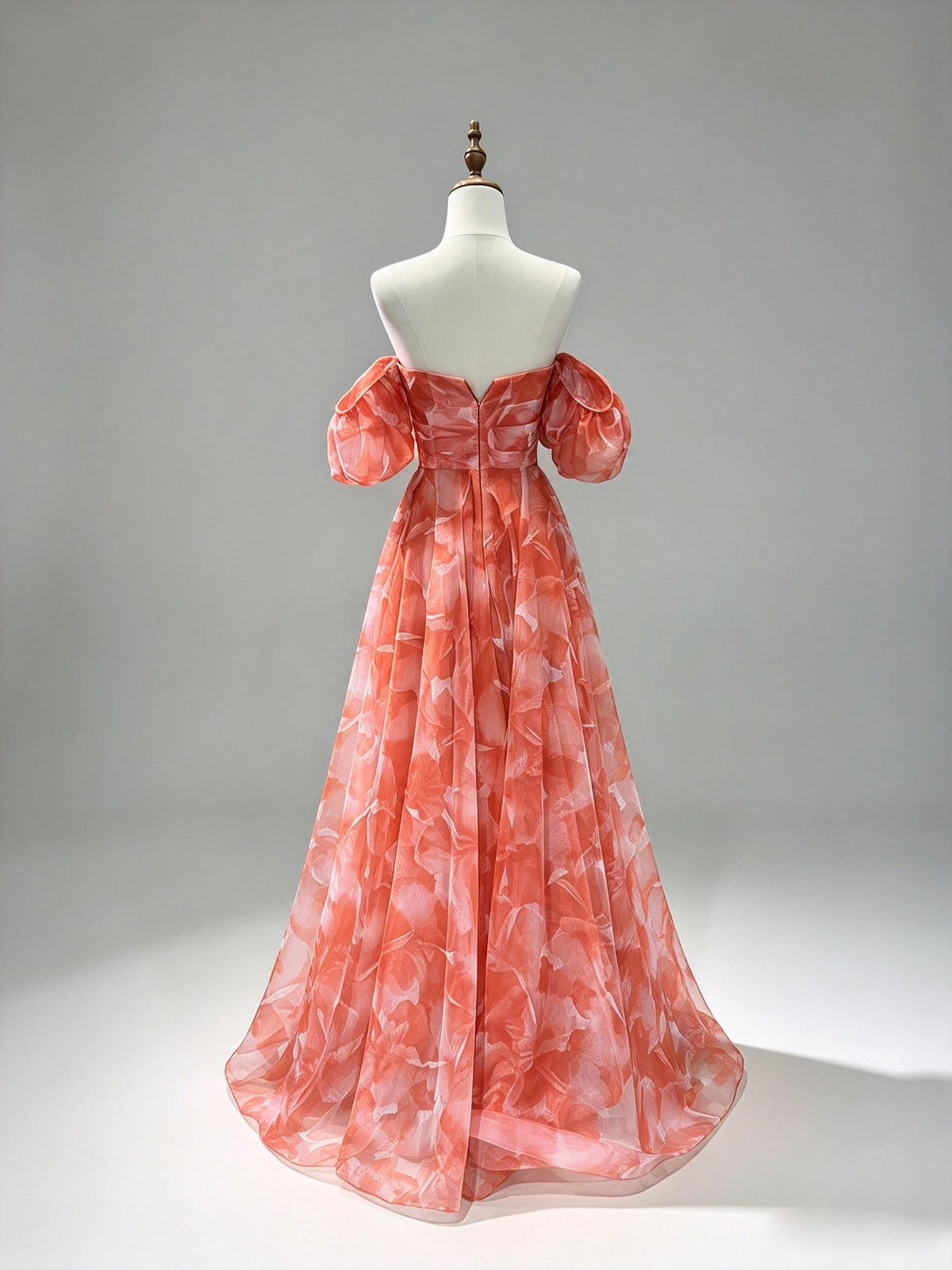 Off Shoulder Puff Sleeve Orange Floral Organza Prom Dress, A-Line Formal Gown