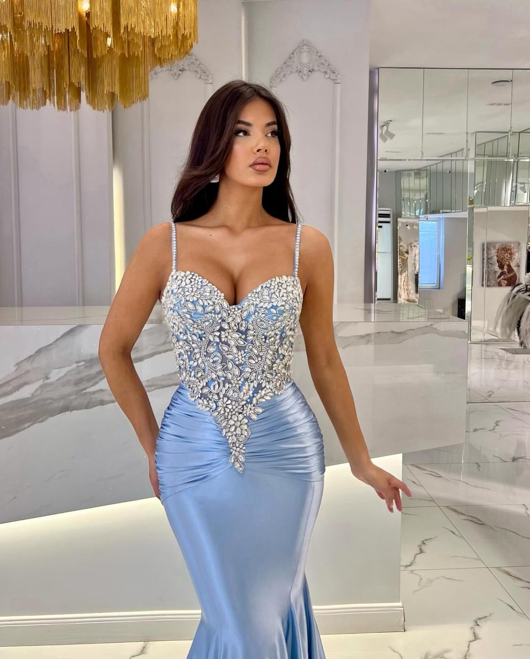 Spaghetti Strap Sleeveless Mermaid Diamond Ball Gown