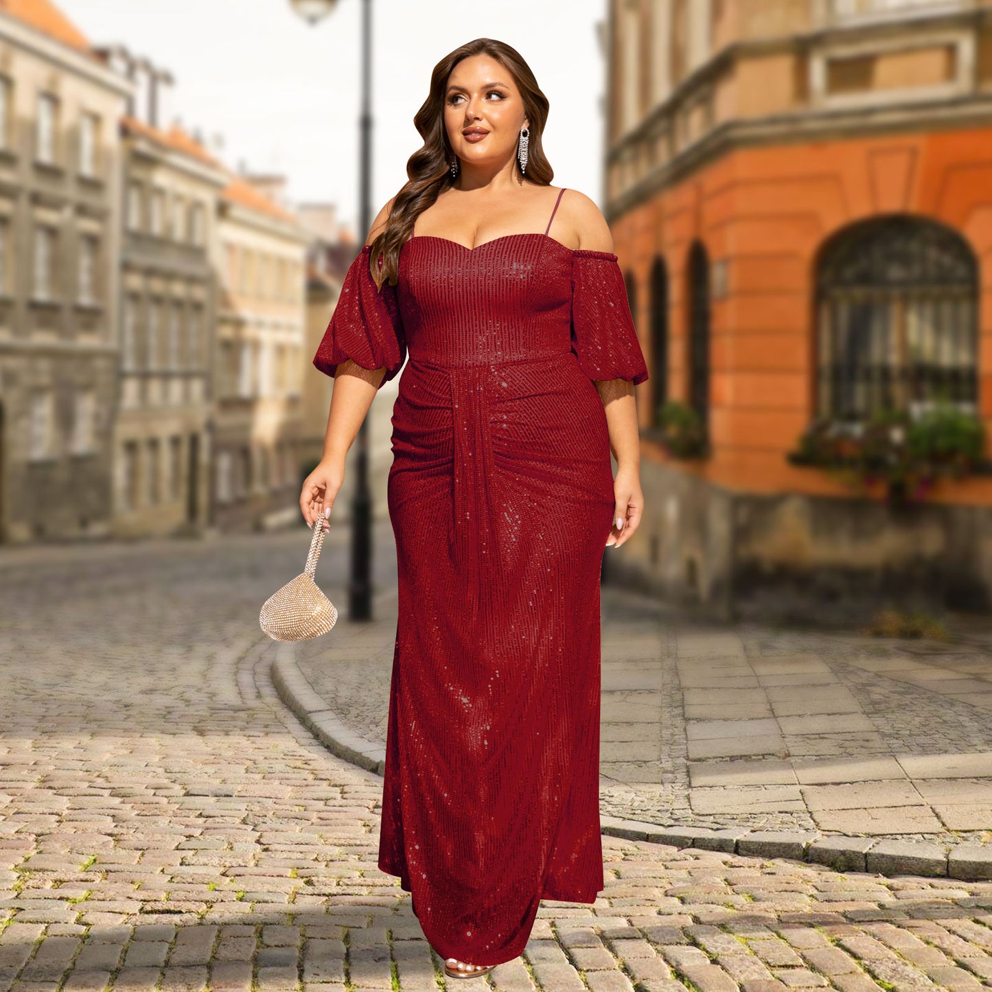 Women's Plus Size Off Shoulder Puff Sleeve Sequin Formal Maxi Evening Dress
