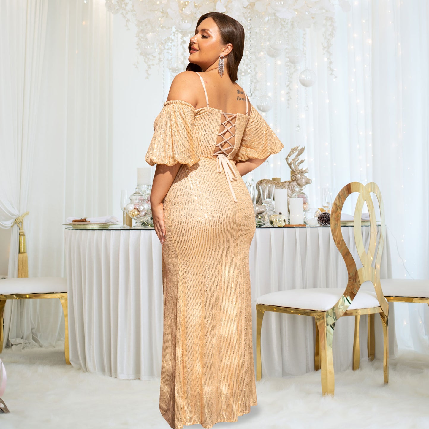 Women's Plus Size Off Shoulder Puff Sleeve Sequin Formal Maxi Evening Dress