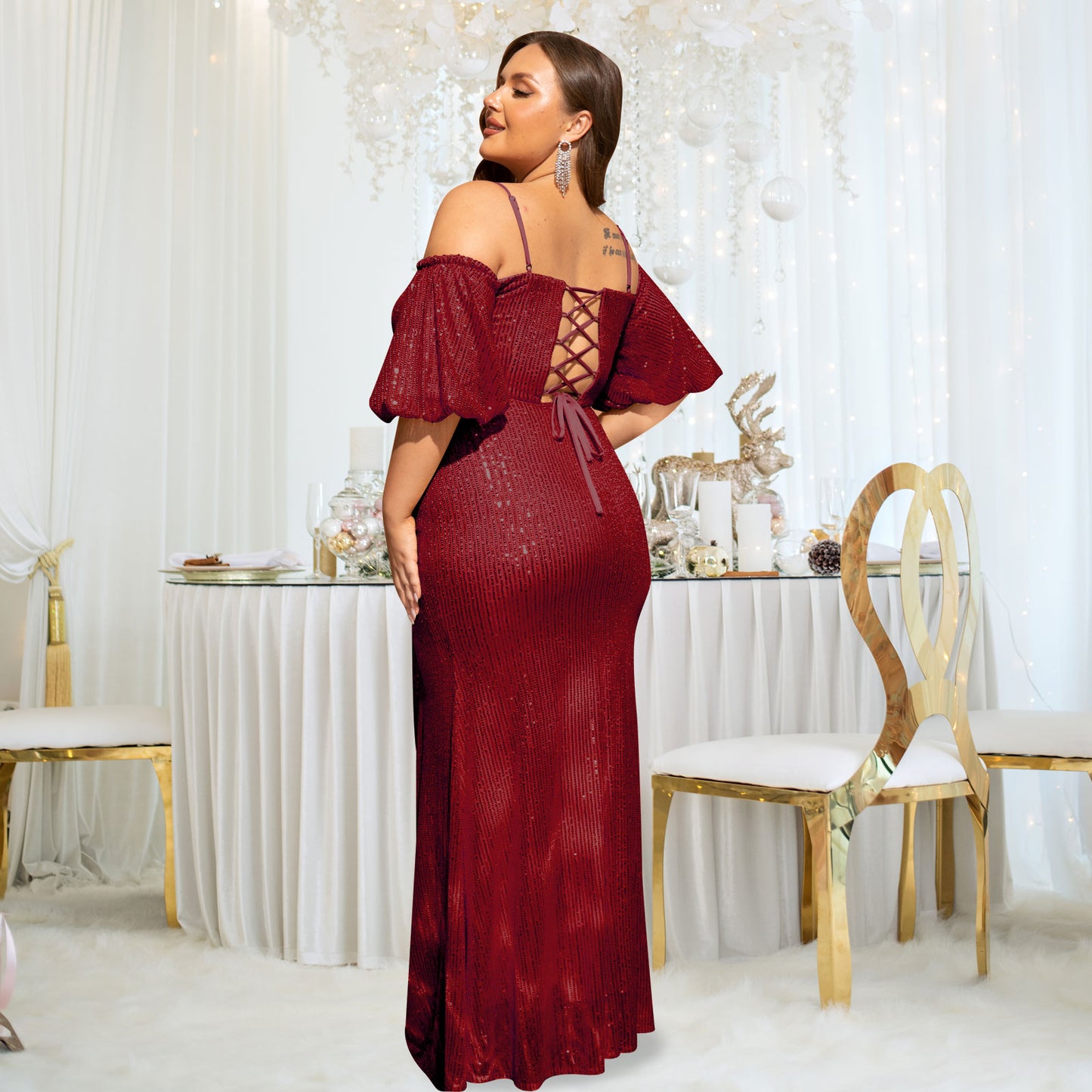 Women's Plus Size Off Shoulder Puff Sleeve Sequin Formal Maxi Evening Dress