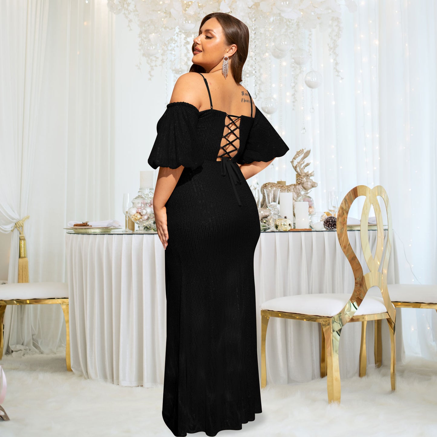Women's Plus Size Off Shoulder Puff Sleeve Sequin Formal Maxi Evening Dress