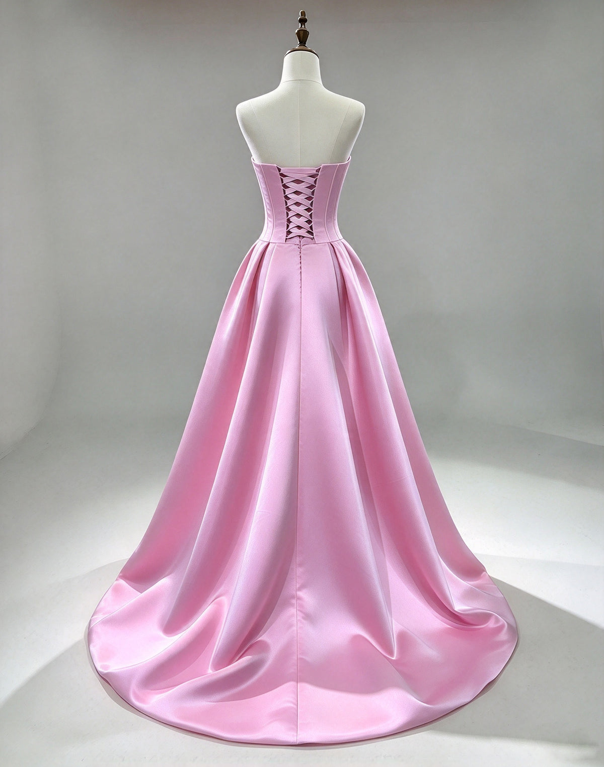 Strapless Pink Satin Evening Gown with Large Bow, A-Line Formal Prom Dress
