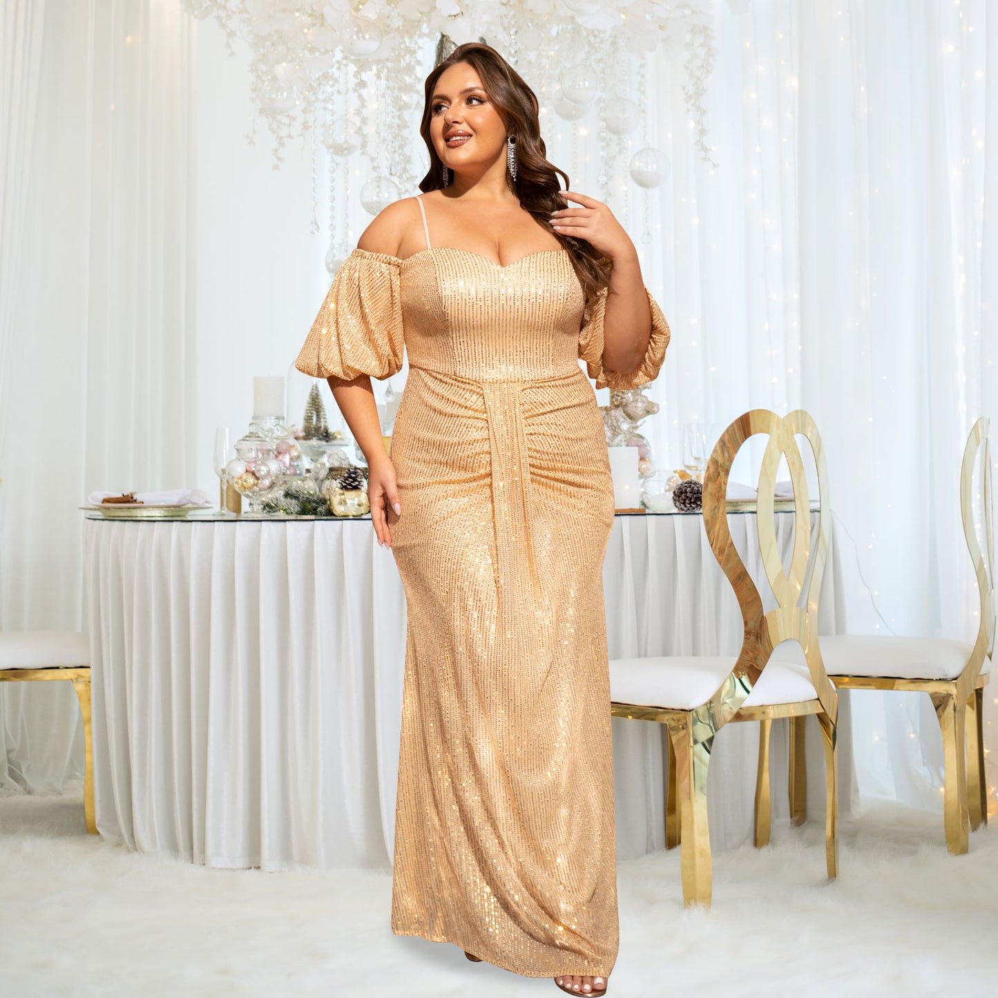 Women's Plus Size Off Shoulder Puff Sleeve Sequin Formal Maxi Evening Dress
