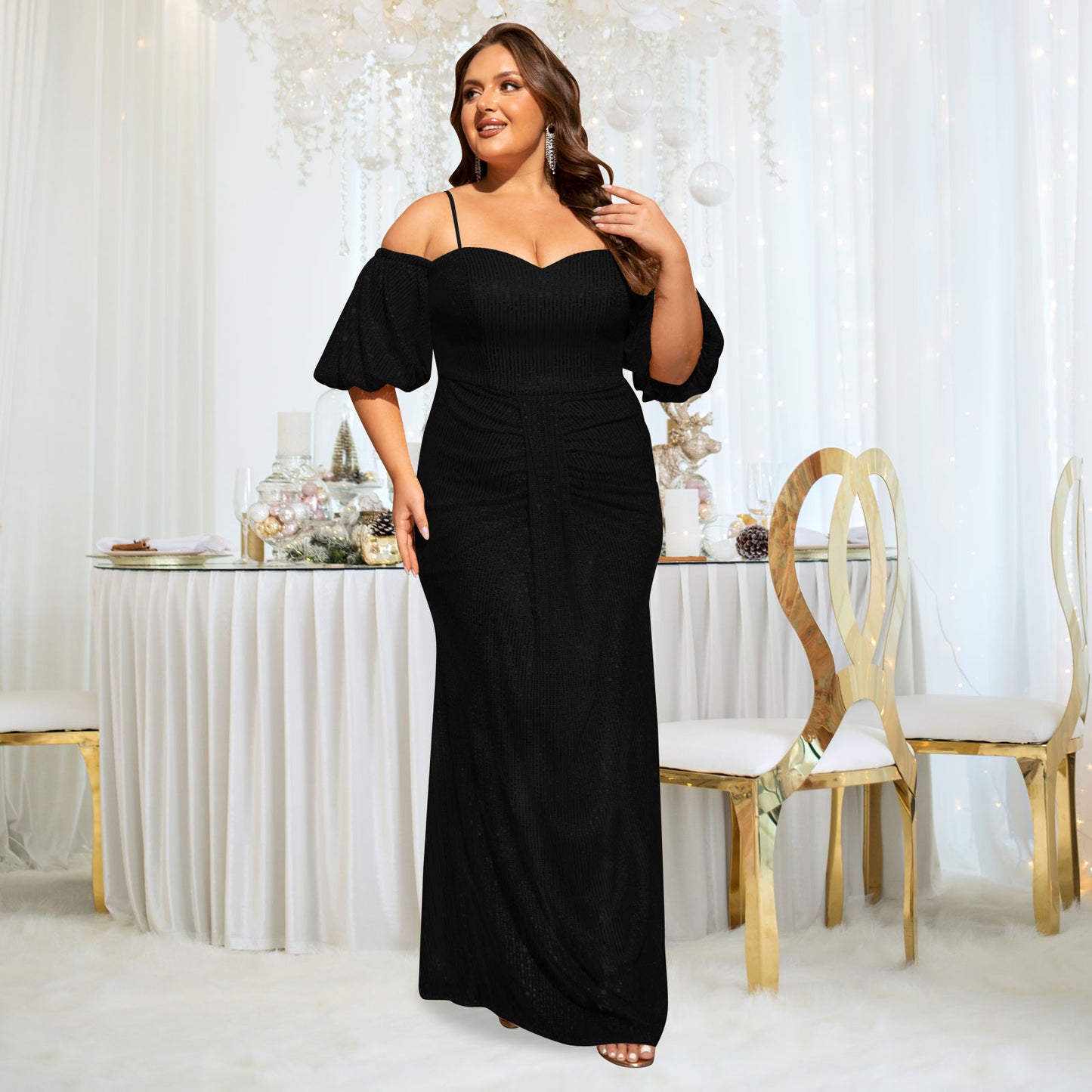 Women's Plus Size Off Shoulder Puff Sleeve Sequin Formal Maxi Evening Dress