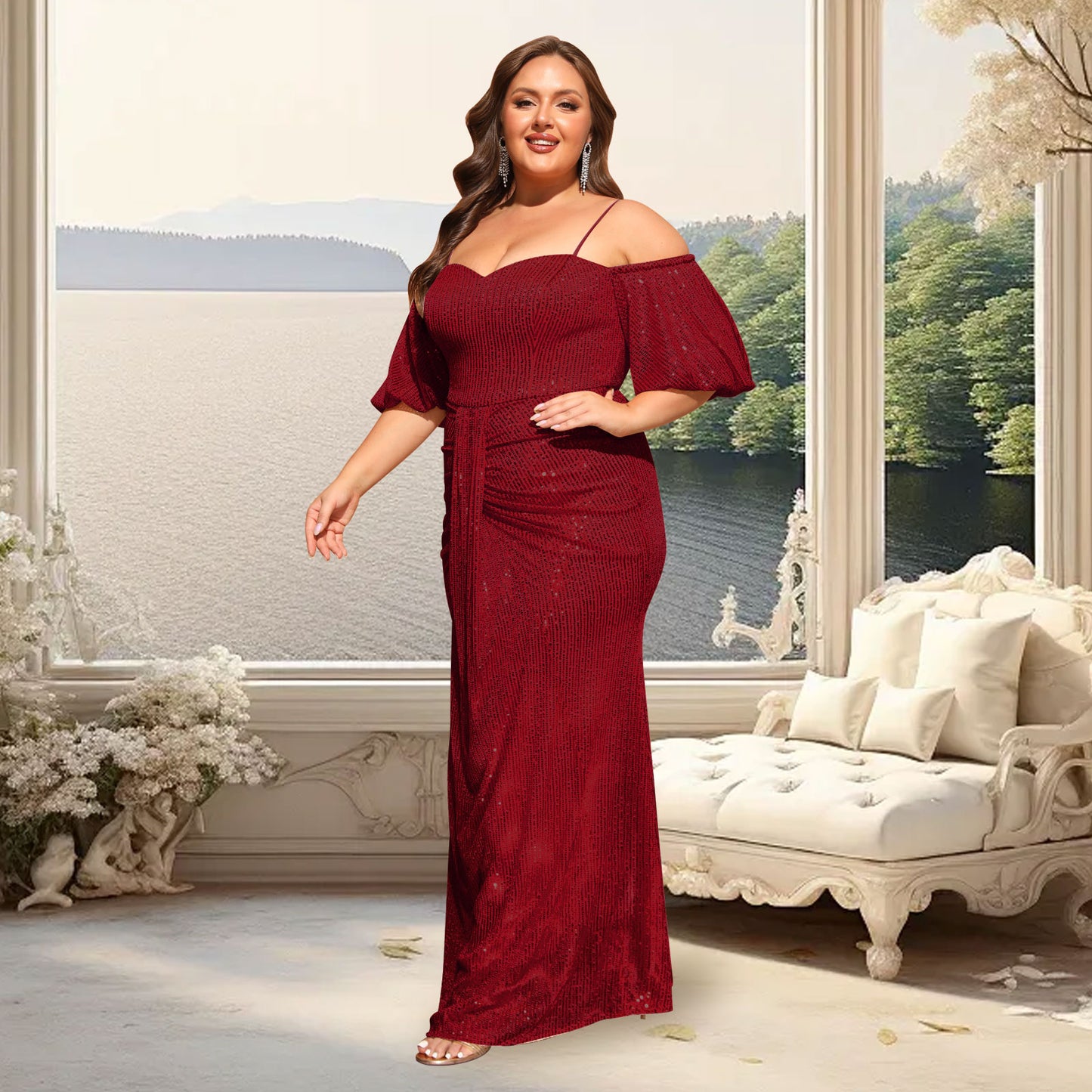 Women's Plus Size Off Shoulder Puff Sleeve Sequin Formal Maxi Evening Dress