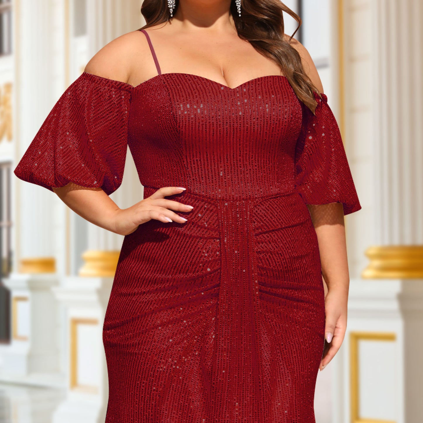 Women's Plus Size Off Shoulder Puff Sleeve Sequin Formal Maxi Evening Dress