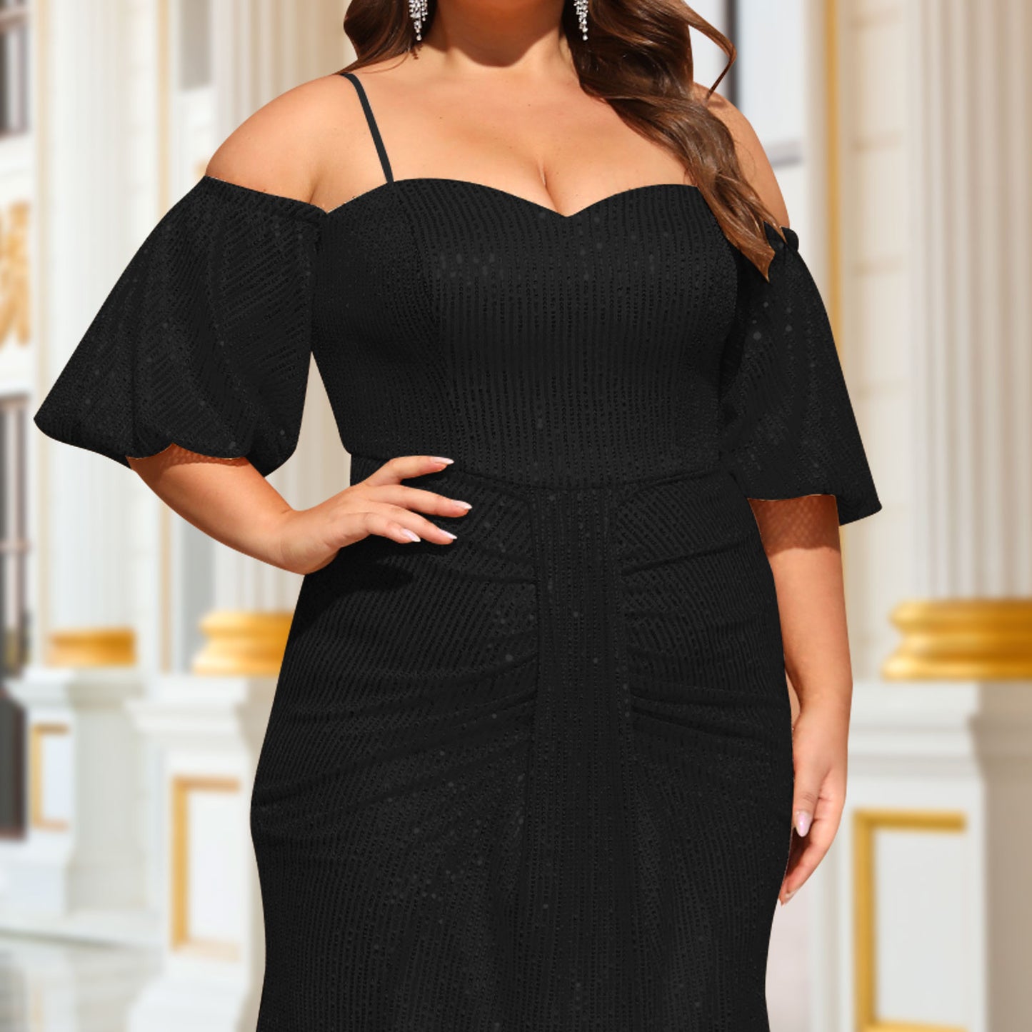 Women's Plus Size Off Shoulder Puff Sleeve Sequin Formal Maxi Evening Dress
