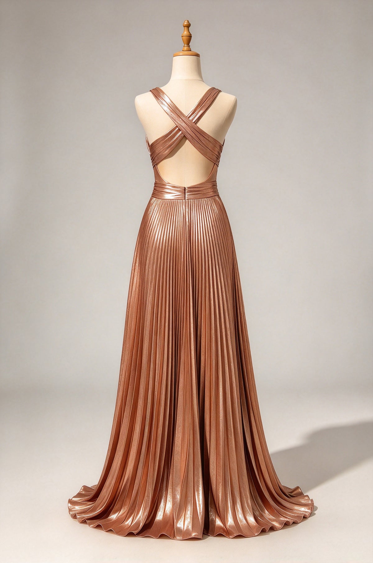 Metallic Bronze Deep V Pleated Evening Gown