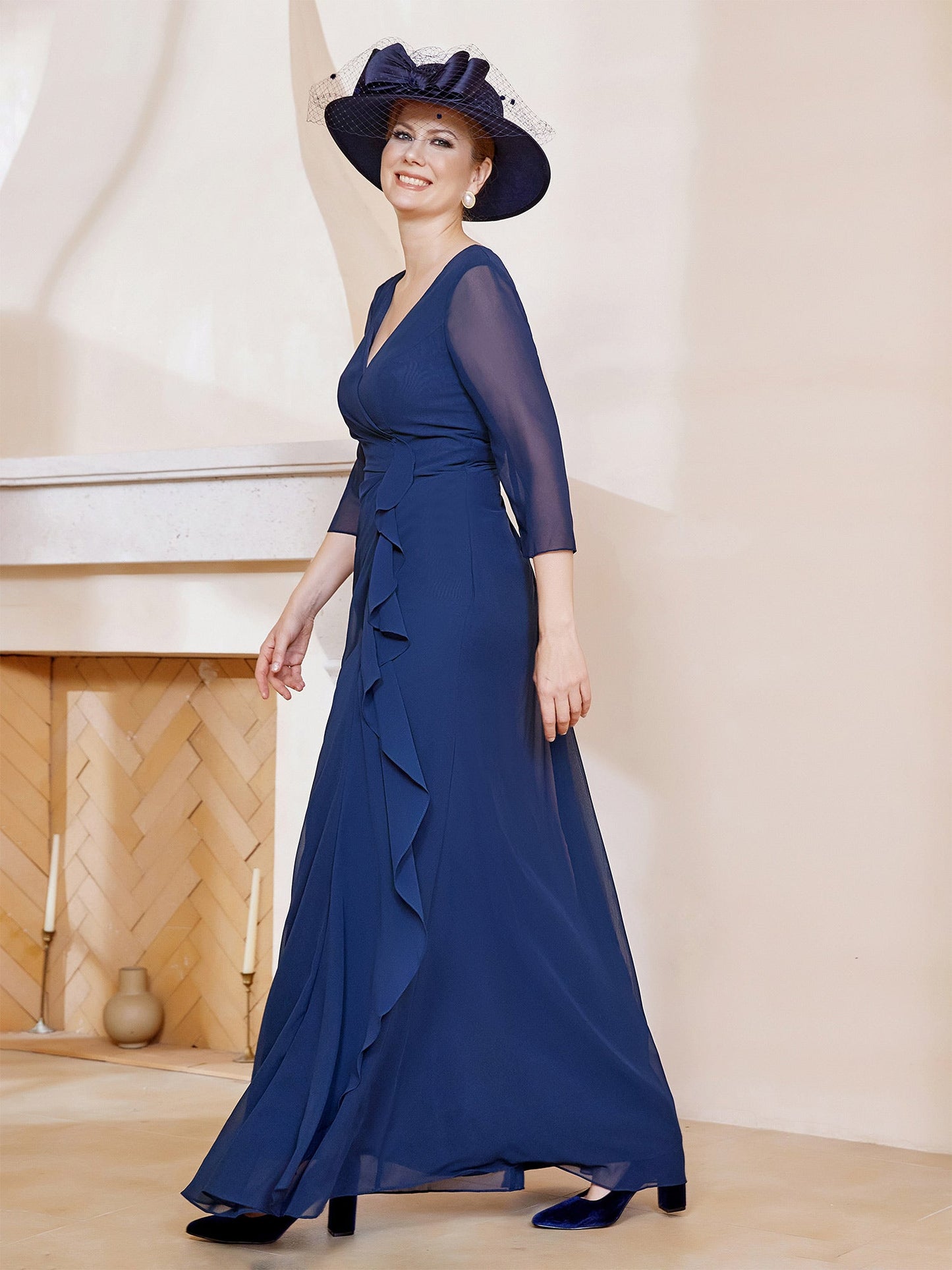 V-neck Ruffles Sheath Floor-Length Chiffon Dress