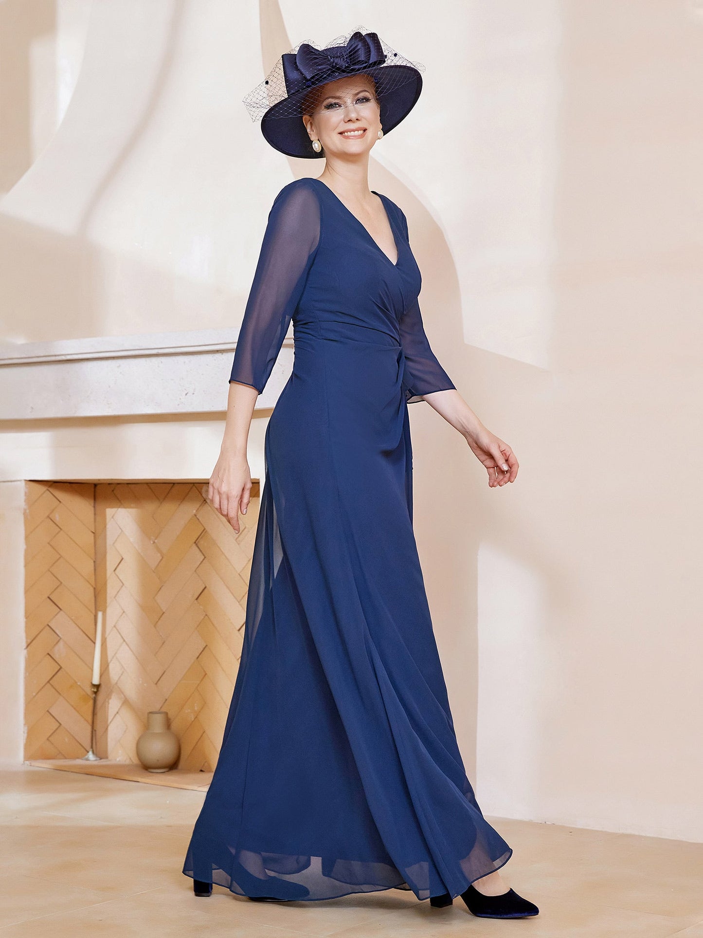 V-neck Ruffles Sheath Floor-Length Chiffon Dress