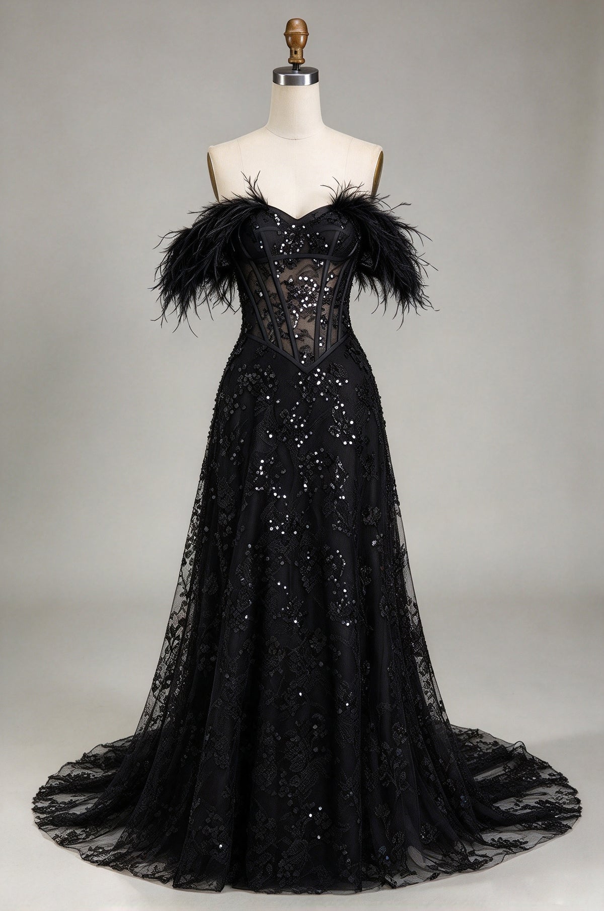 Off-the-Shoulder Black Feather Sequin Lace Corset A-Line Evening Gown with Train