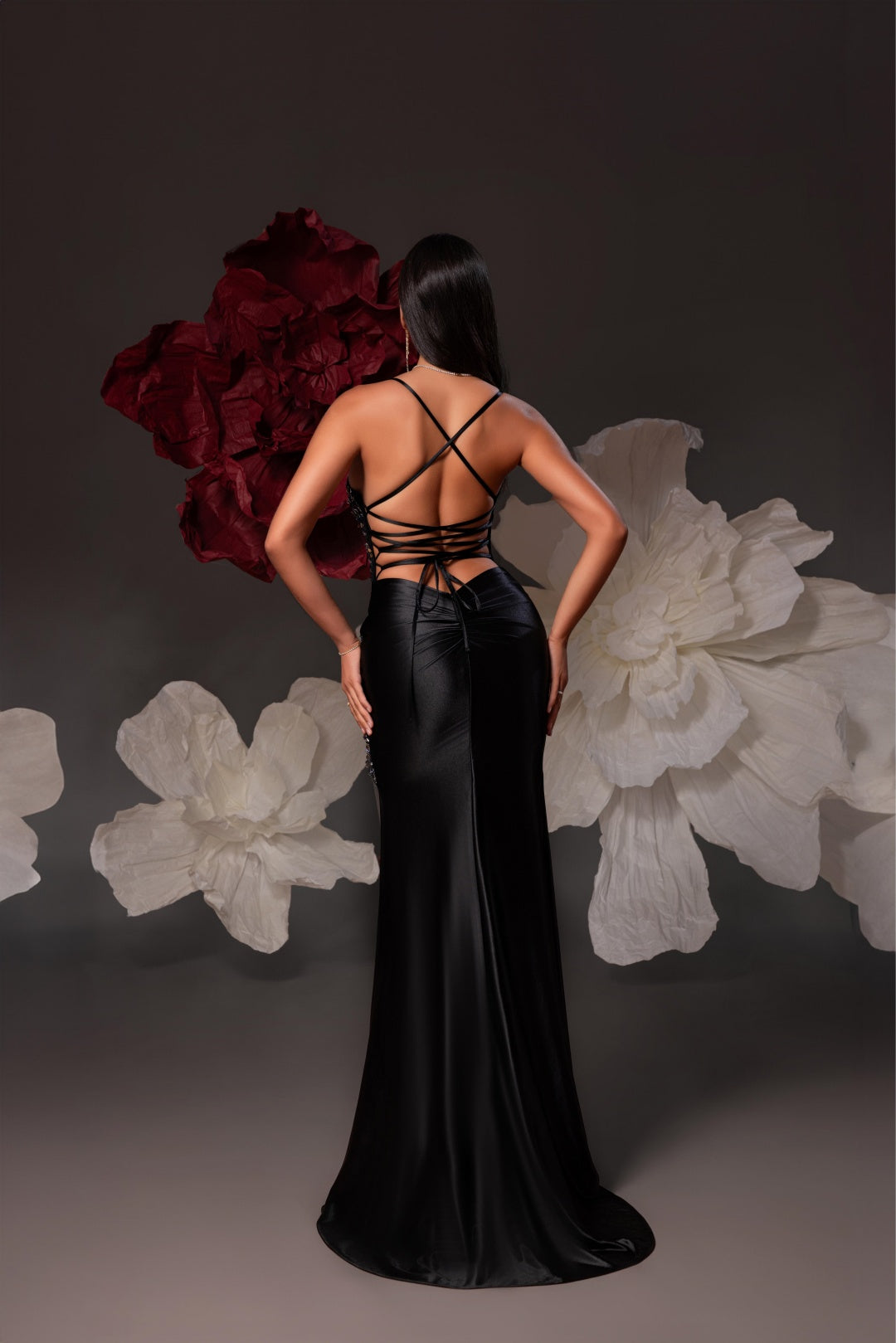 Black Spaghetti Straps Sequin Satin Mermaid Prom Dress, High Slit Formal Evening Gown