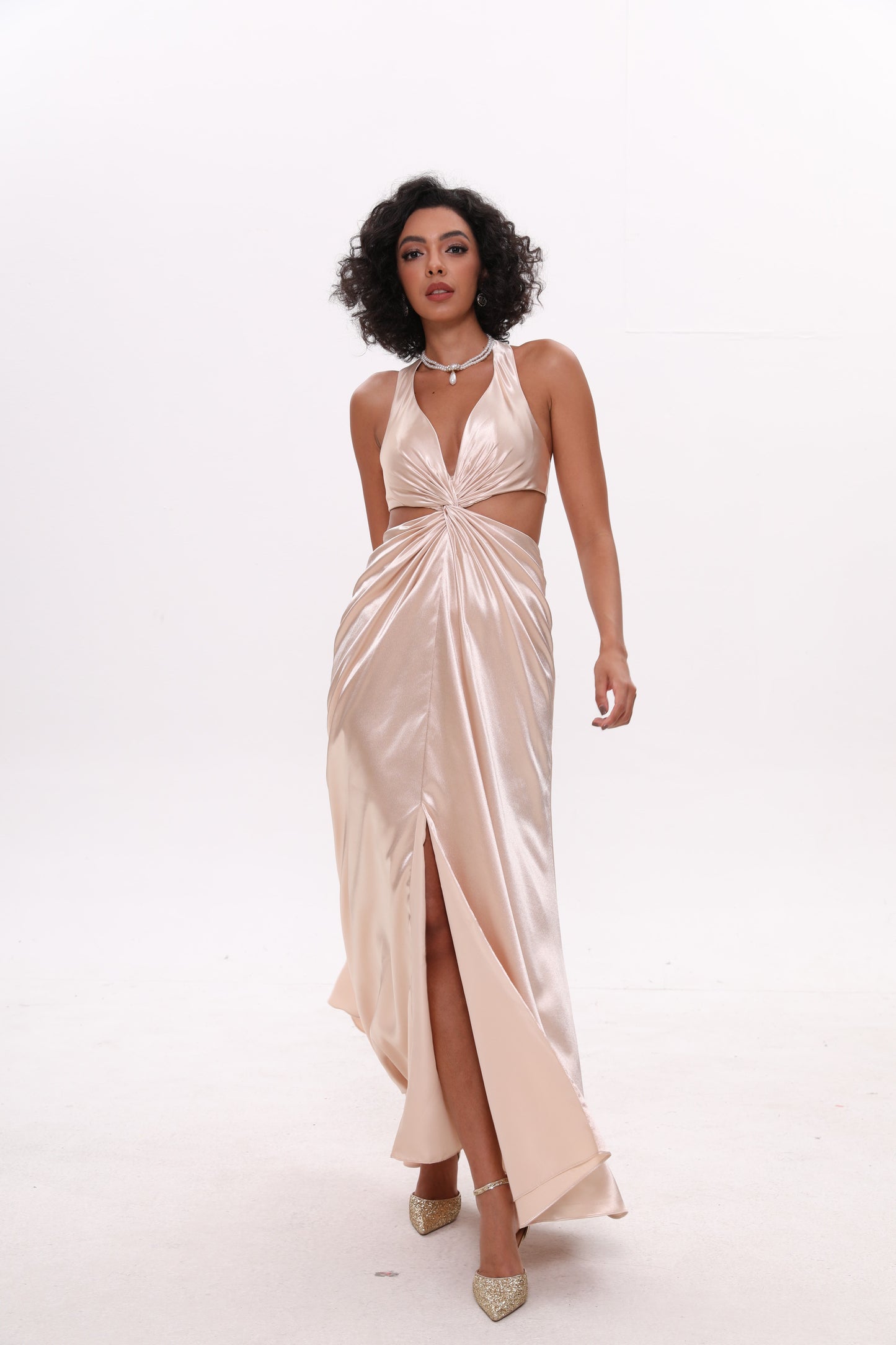 Twist Front thigh-high Satin Prom Dress