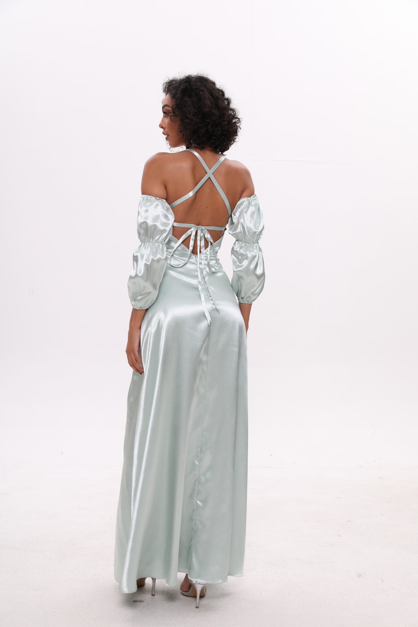 Lantern Sleeve Spaghetti Shoulder Split Thigh Satin Dress