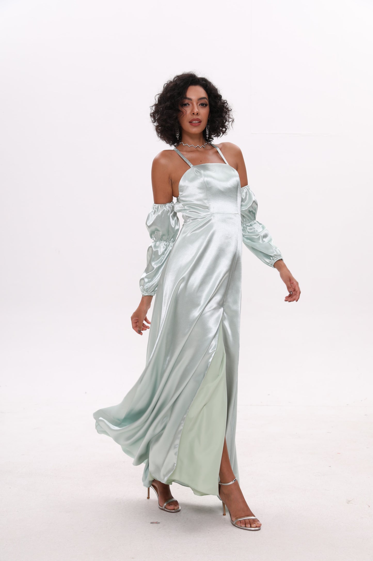 Lantern Sleeve Spaghetti Shoulder Split Thigh Satin Dress