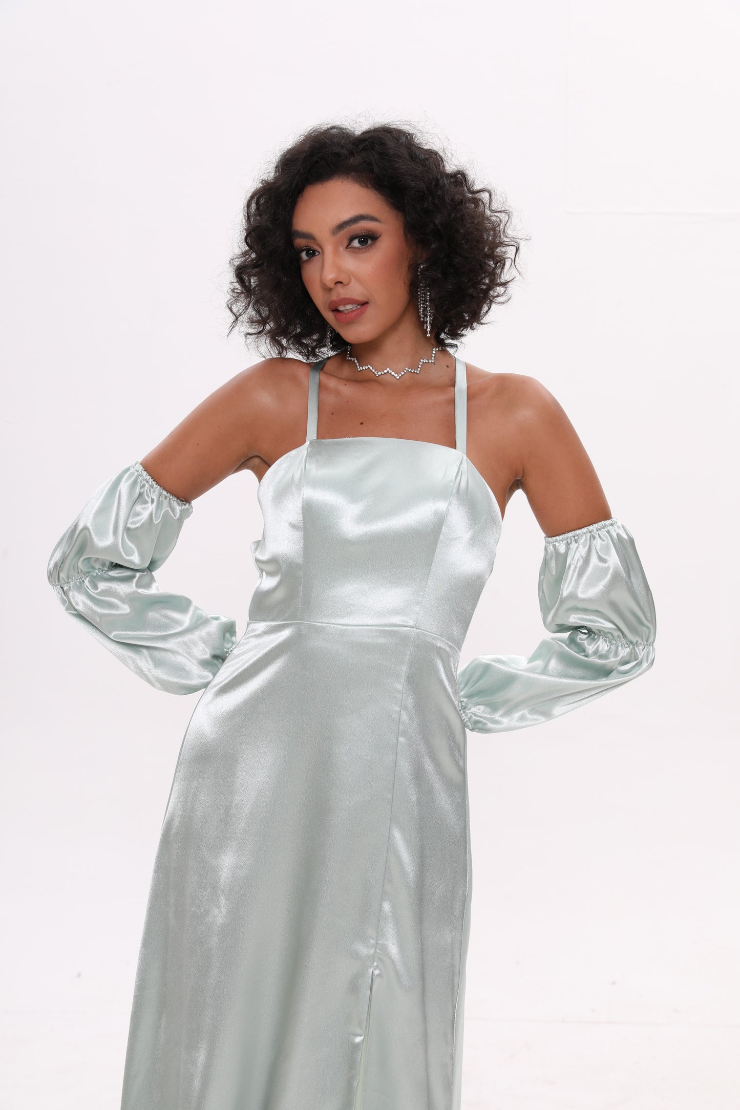 Lantern Sleeve Spaghetti Shoulder Split Thigh Satin Dress
