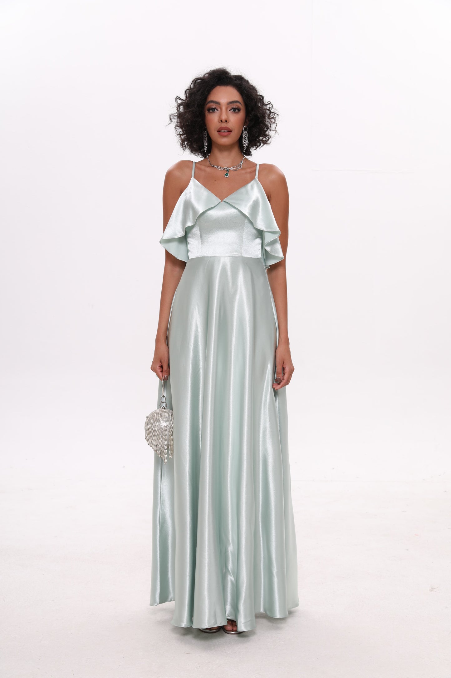 COLD SHOULDER SILK RUFFLE DRESS