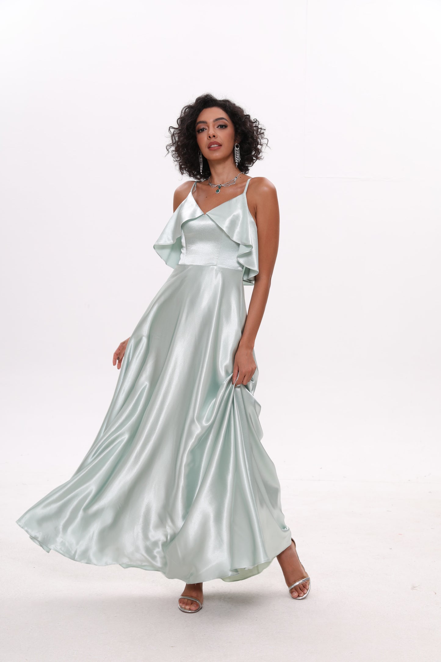 COLD SHOULDER SILK RUFFLE DRESS
