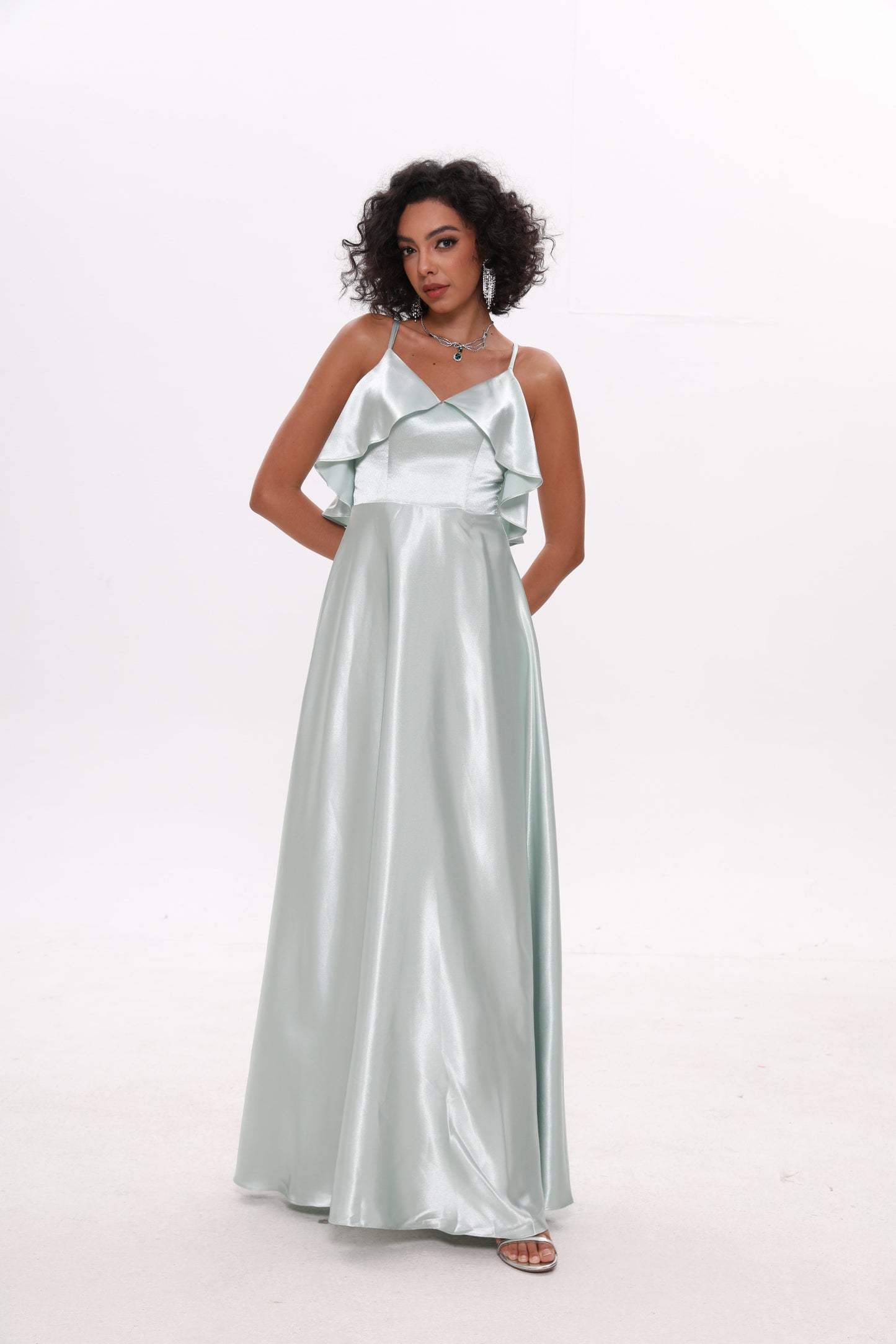 COLD SHOULDER SILK RUFFLE DRESS