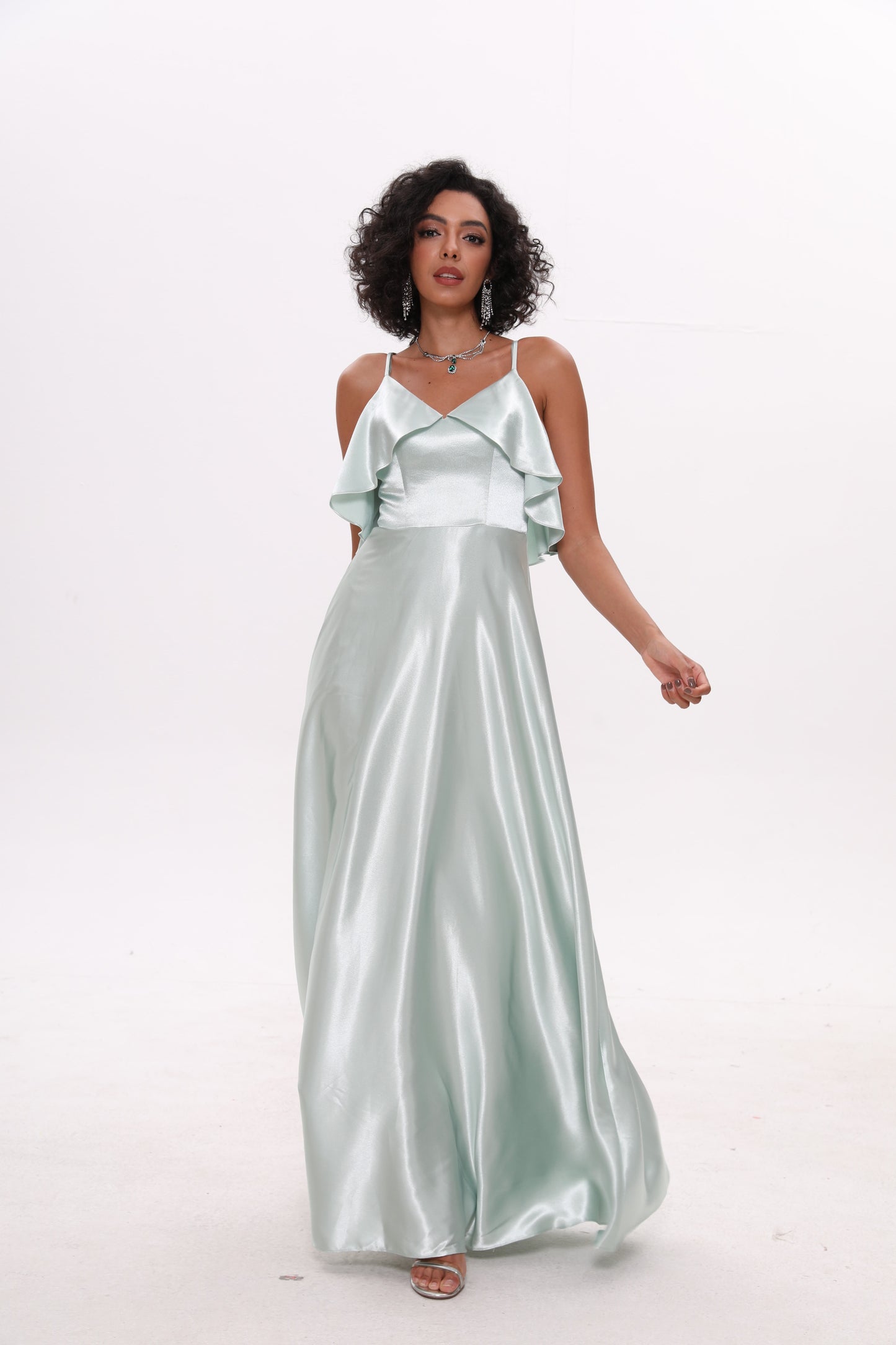 COLD SHOULDER SILK RUFFLE DRESS