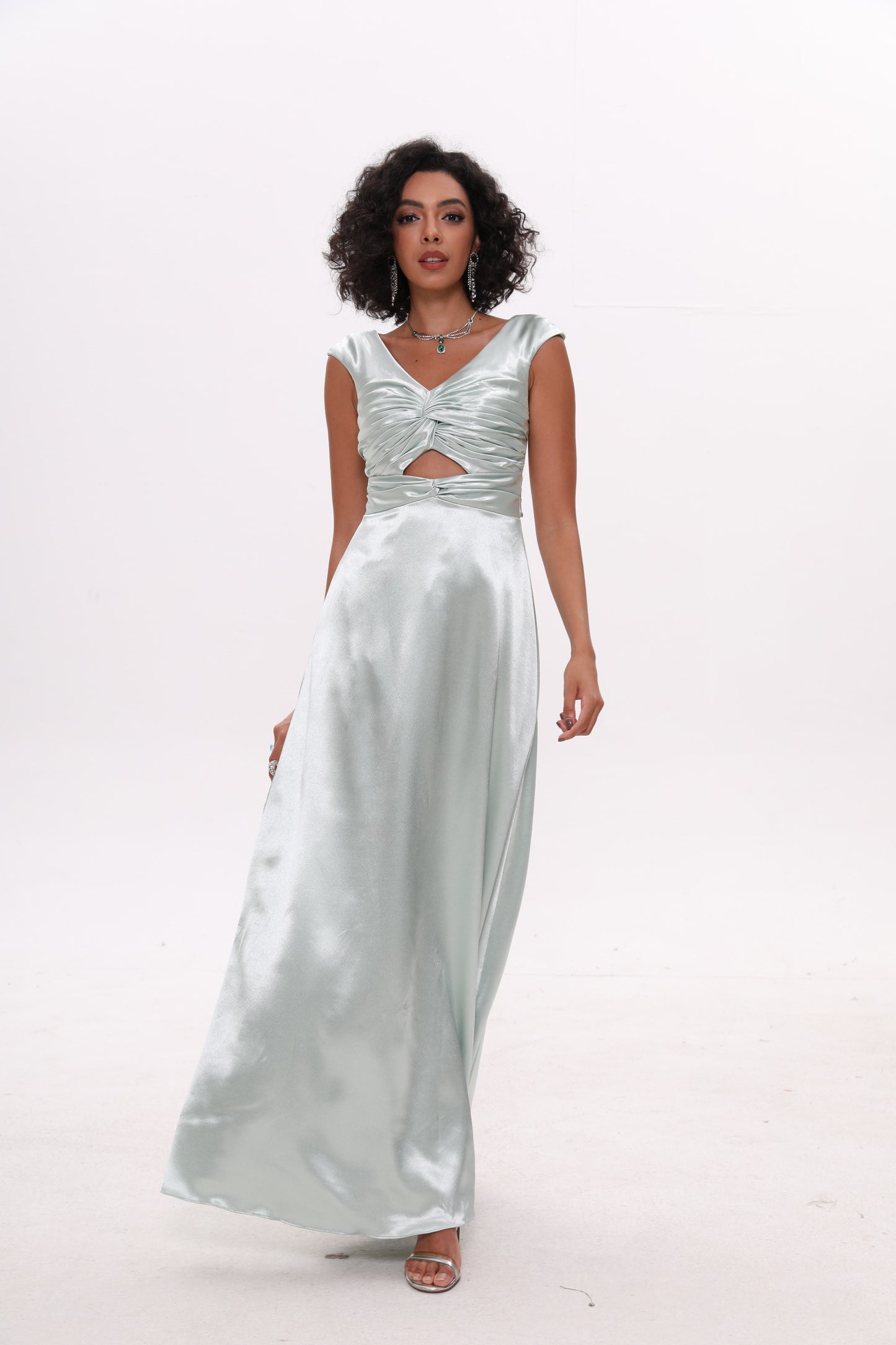Hollow V Neck Back Bow Lace Satin Bridesmaid Dress Evening Dress