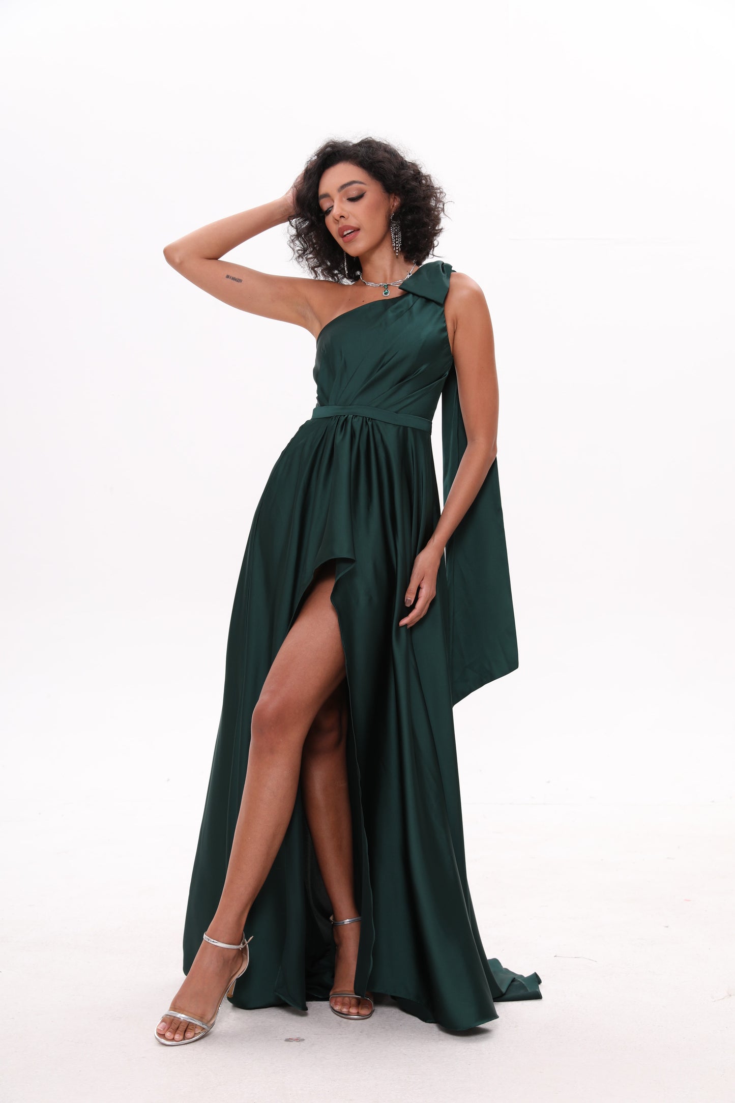 Women's One Shoulder Prom Dresses Long Slit Satin A-line Formal Evening Dresss