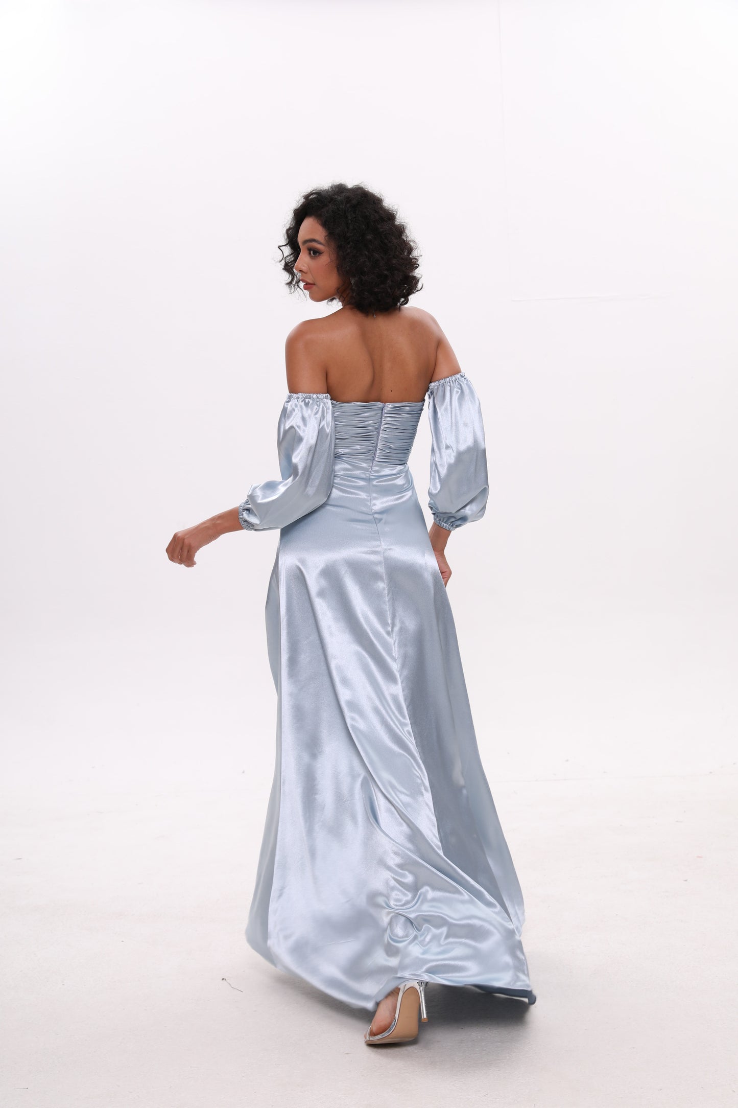 Sky Blue Satin Puff Sleeve Off-The-Shoulder Prom Dress