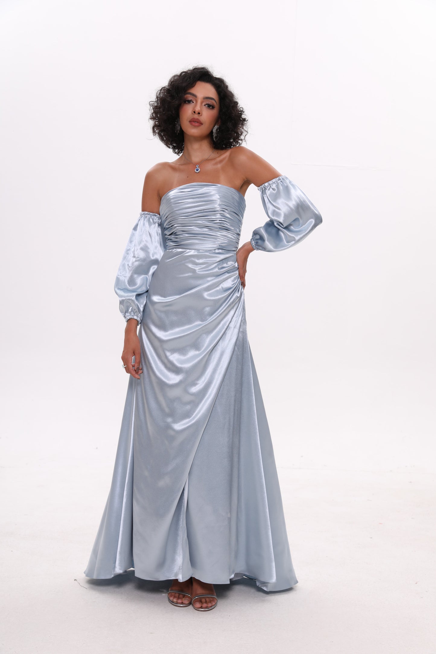 Sky Blue Satin Puff Sleeve Off-The-Shoulder Prom Dress