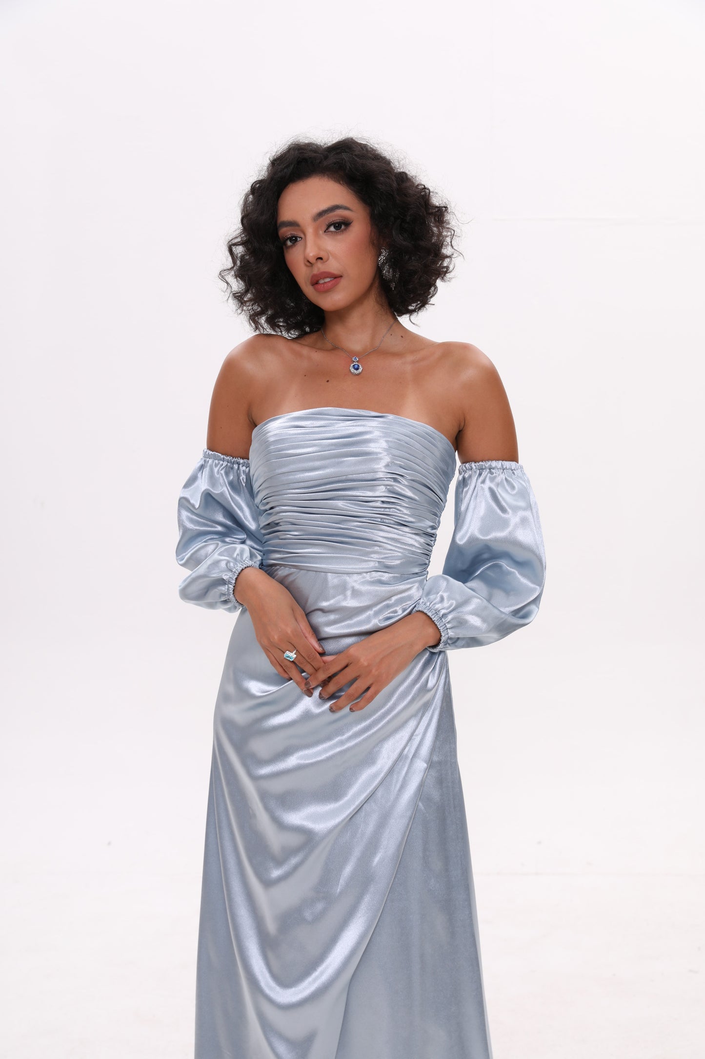 Sky Blue Satin Puff Sleeve Off-The-Shoulder Prom Dress
