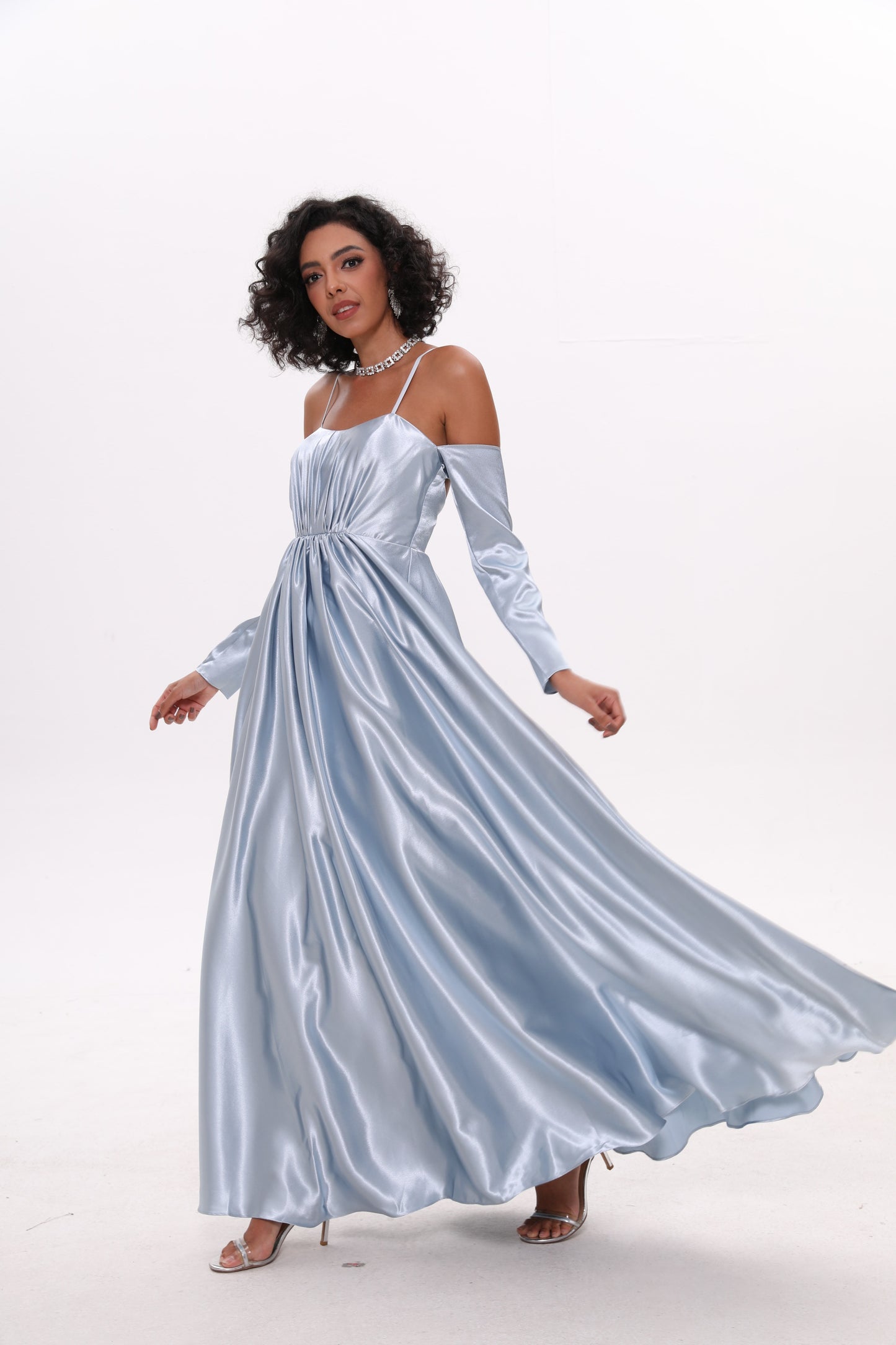 Sky-blue waist-cinched off-shoulder strap satin dress