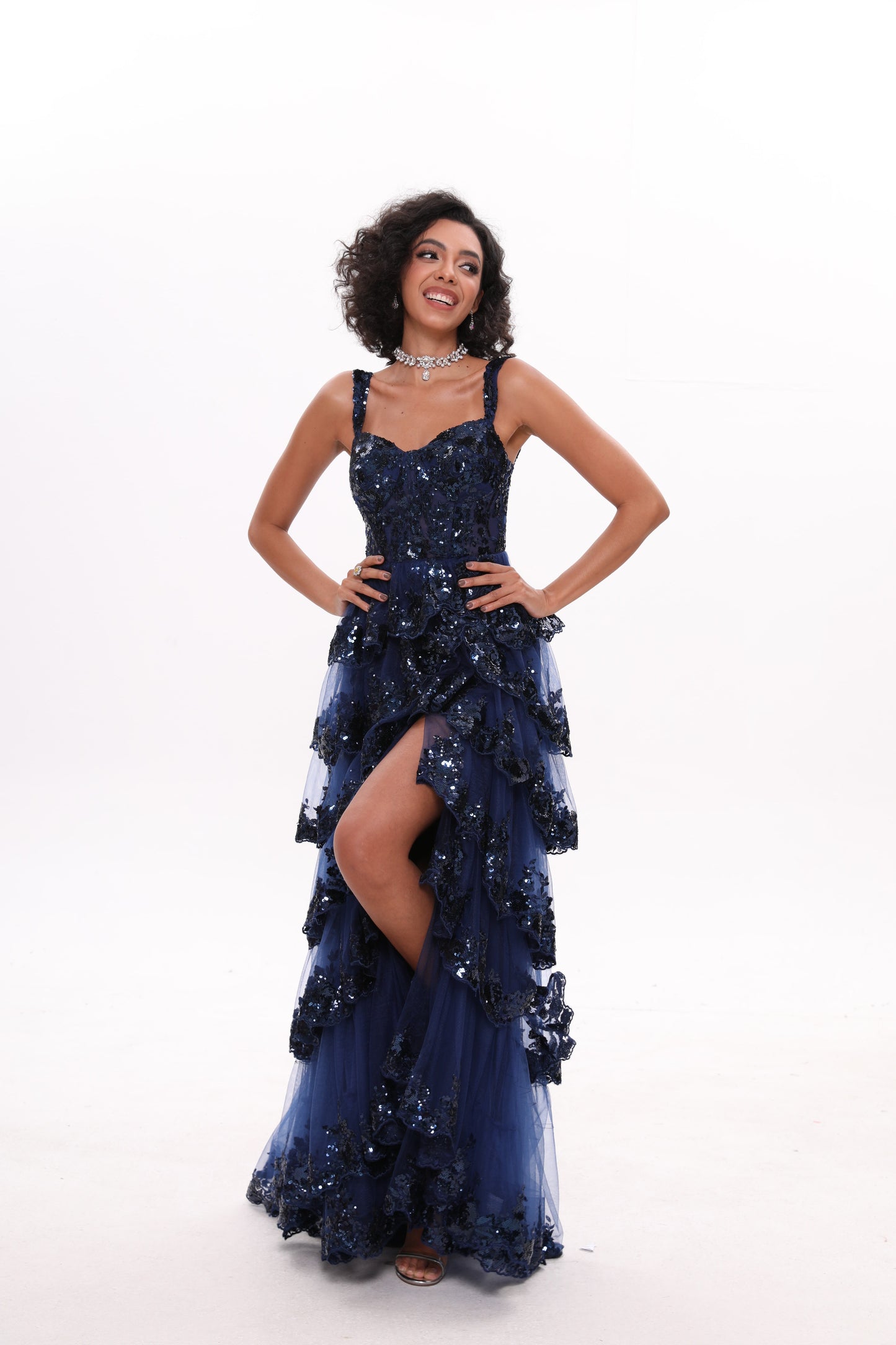 Dark Navy Ruffled Sequin Front Slit Prom Dress