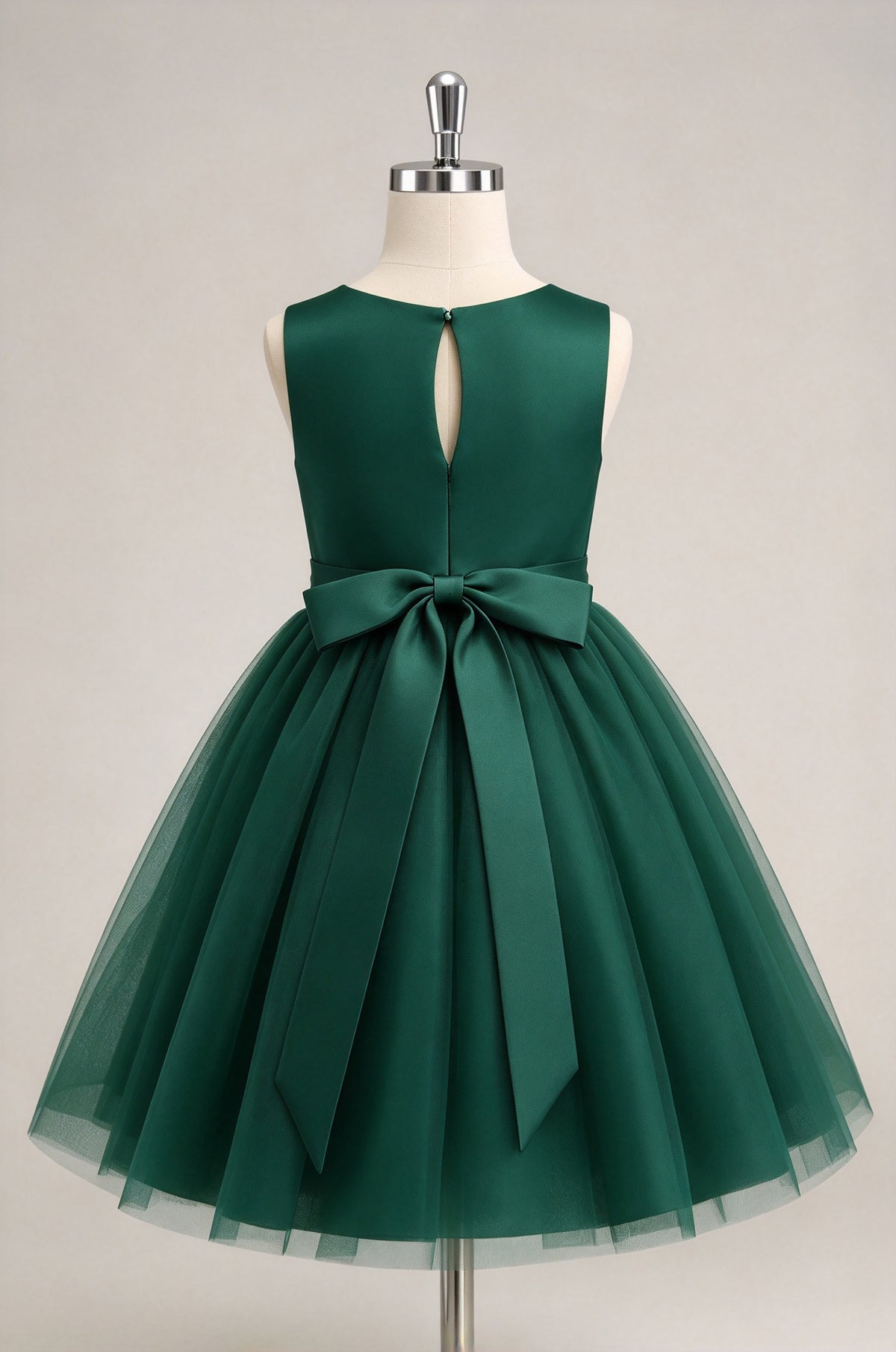 Dark Green Sleeveless Tulle Flower Girl Dress, Keyhole Back Bow Kids Formal Gown