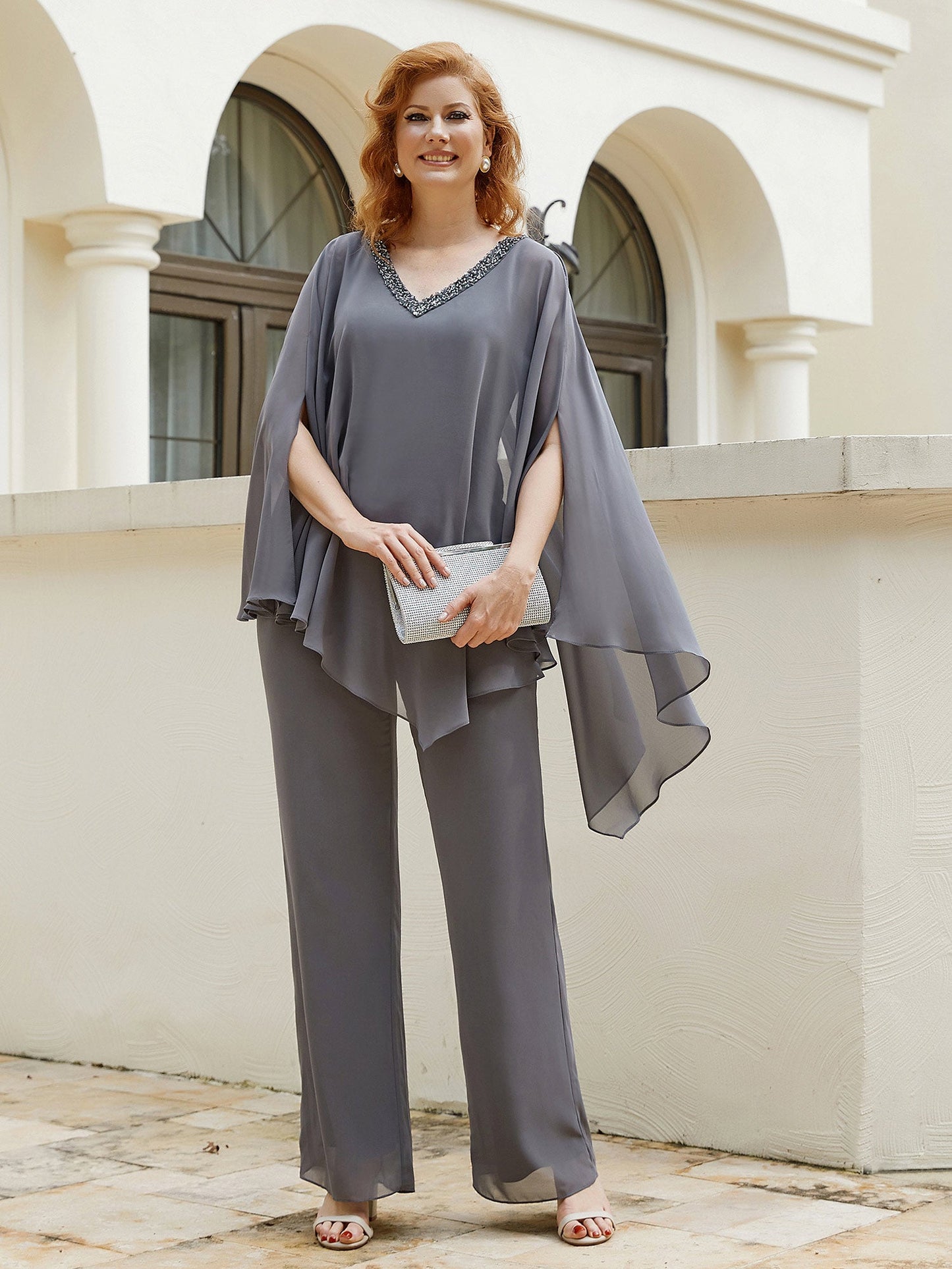 Elegant Beaded V Neck Chiffon Jumpsuit