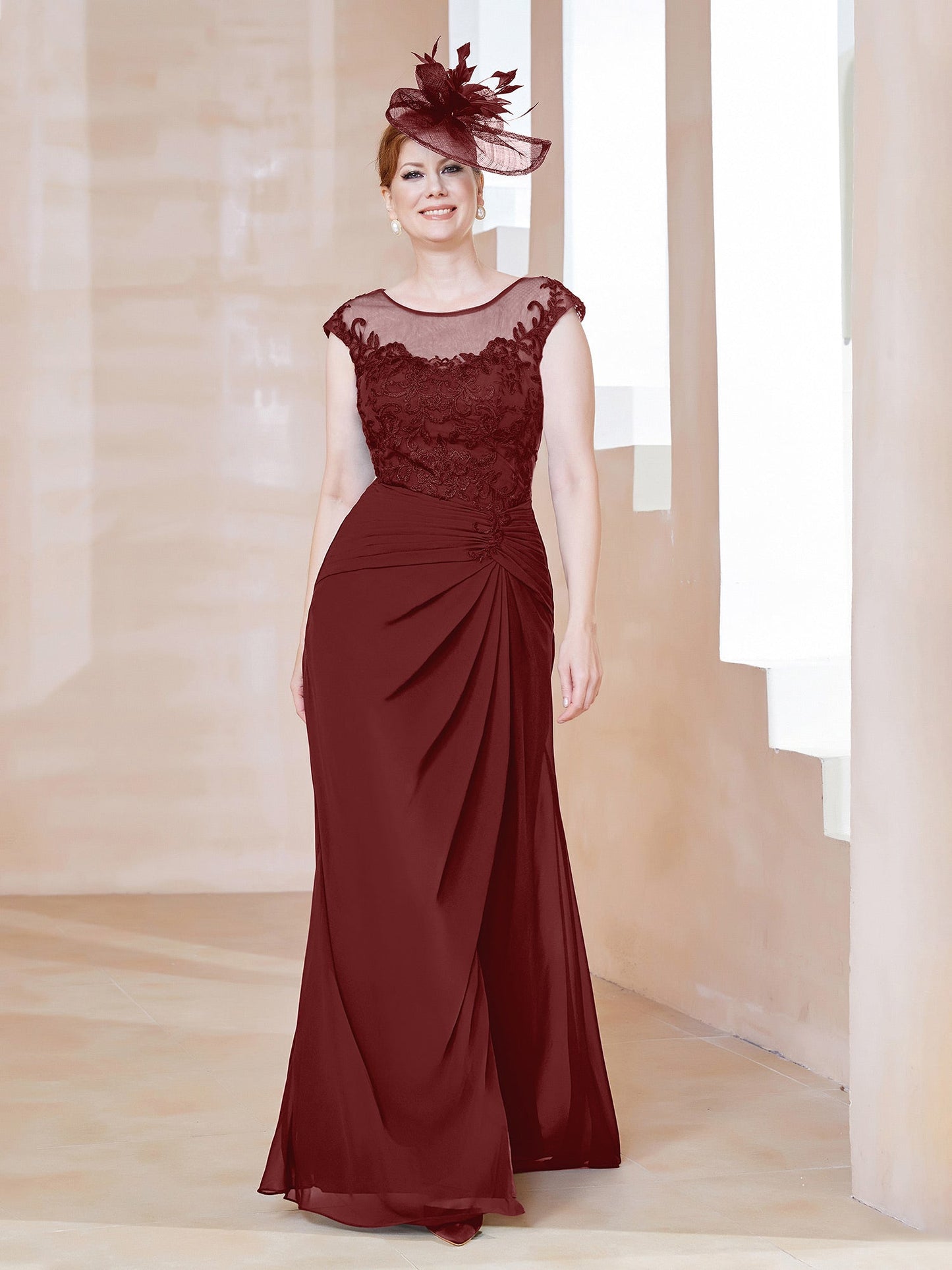Illusion Neck Pleated Tight Chiffon Dress