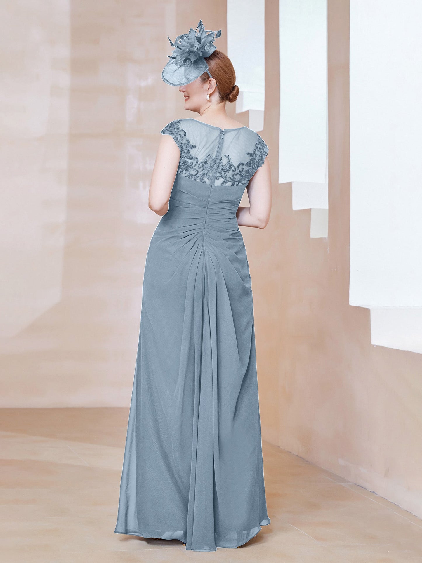 Illusion Neck Pleated Tight Chiffon Dress