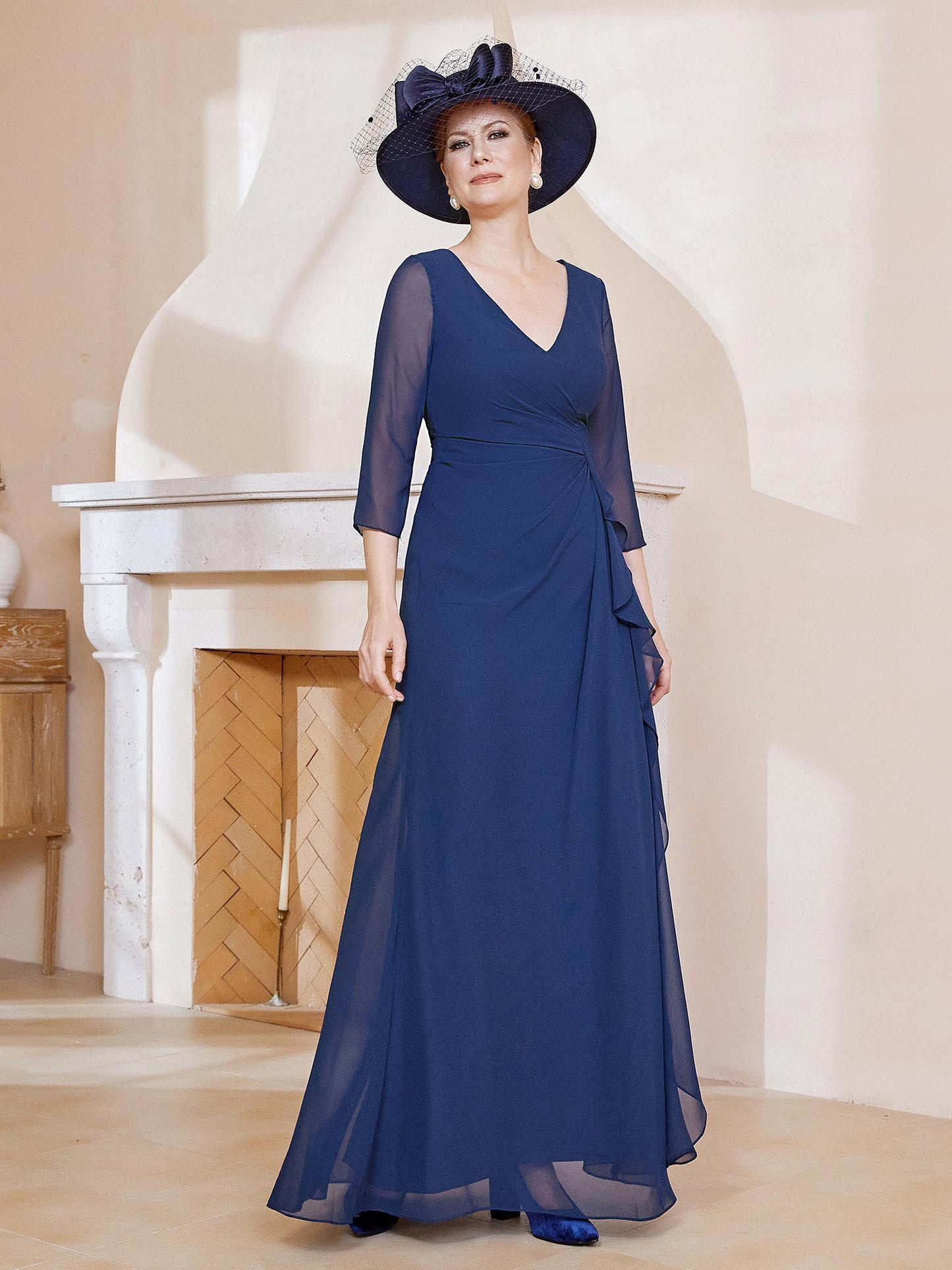 V-neck Ruffles Sheath Floor-Length Chiffon Dress