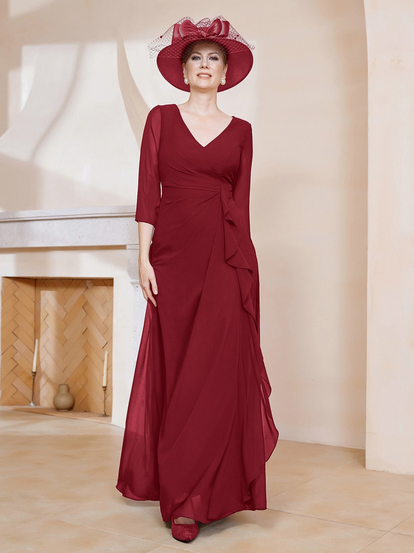 V-neck Ruffles Sheath Floor-Length Chiffon Dress