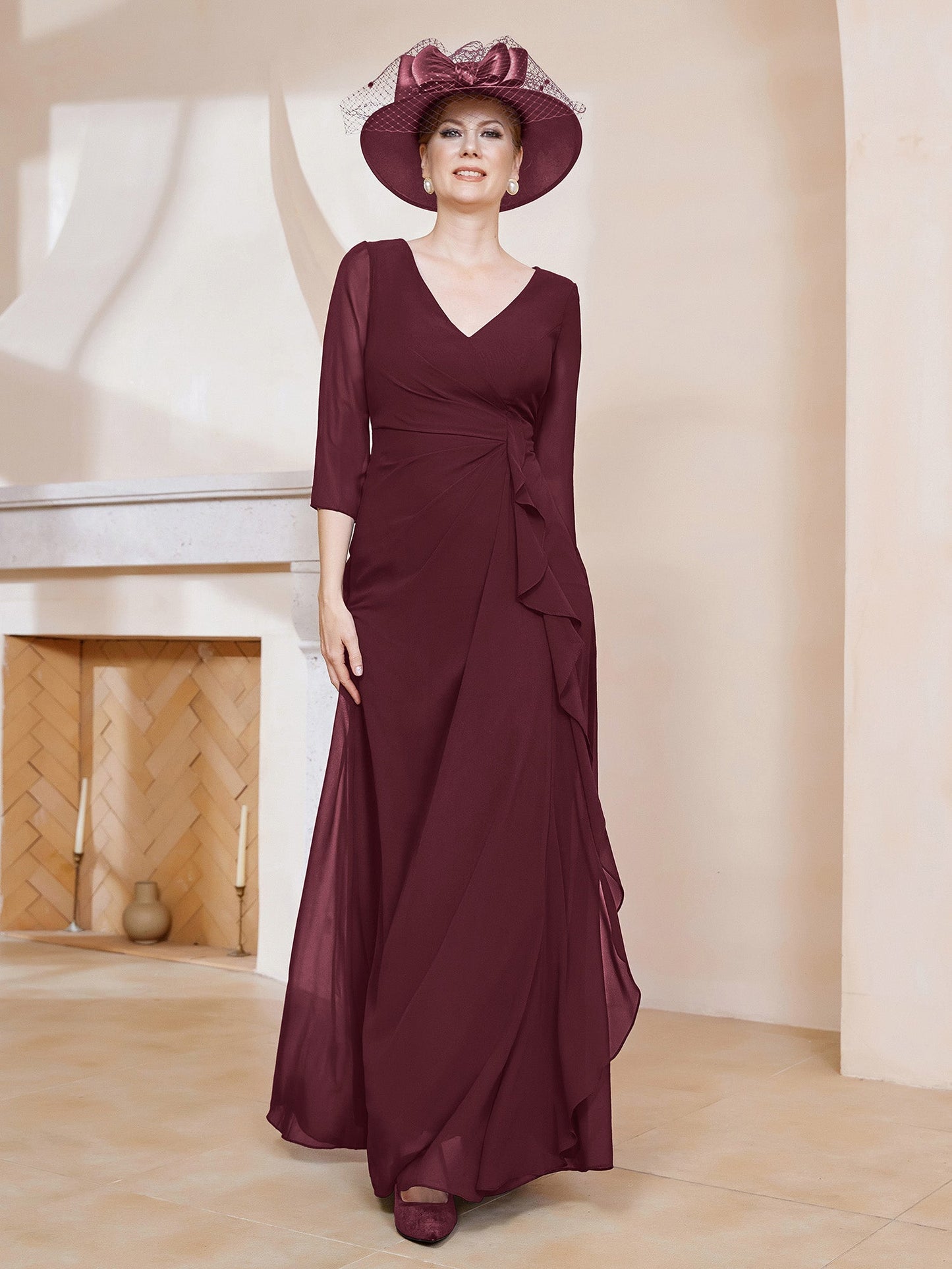 V-neck Ruffles Sheath Floor-Length Chiffon Dress