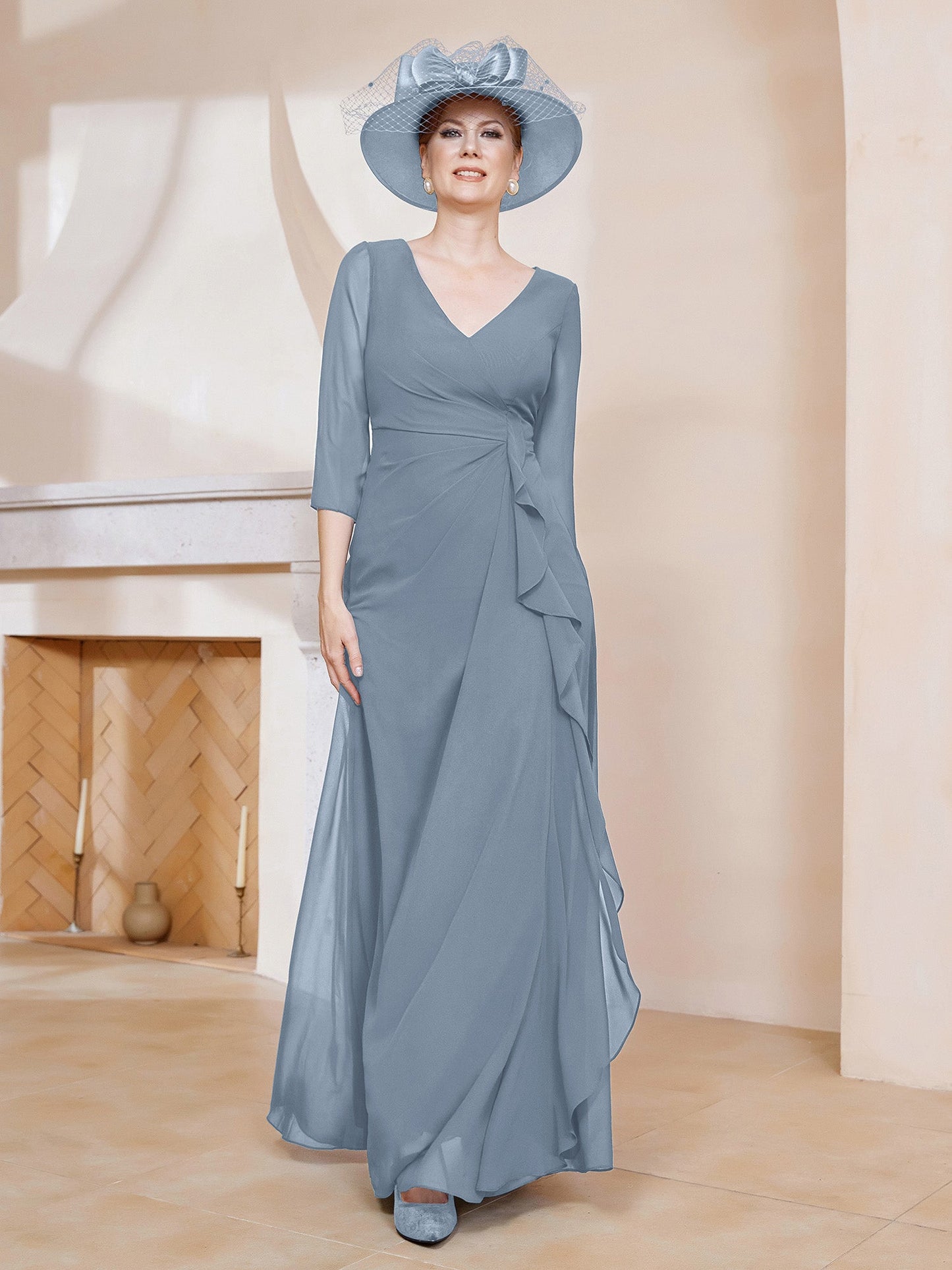 V-neck Ruffles Sheath Floor-Length Chiffon Dress